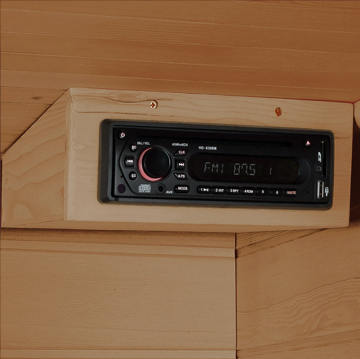 A radio inside the Maxxus Saunas FAR infrared Dundas model sauna constructed from Canadian hemlock with a three person capacity