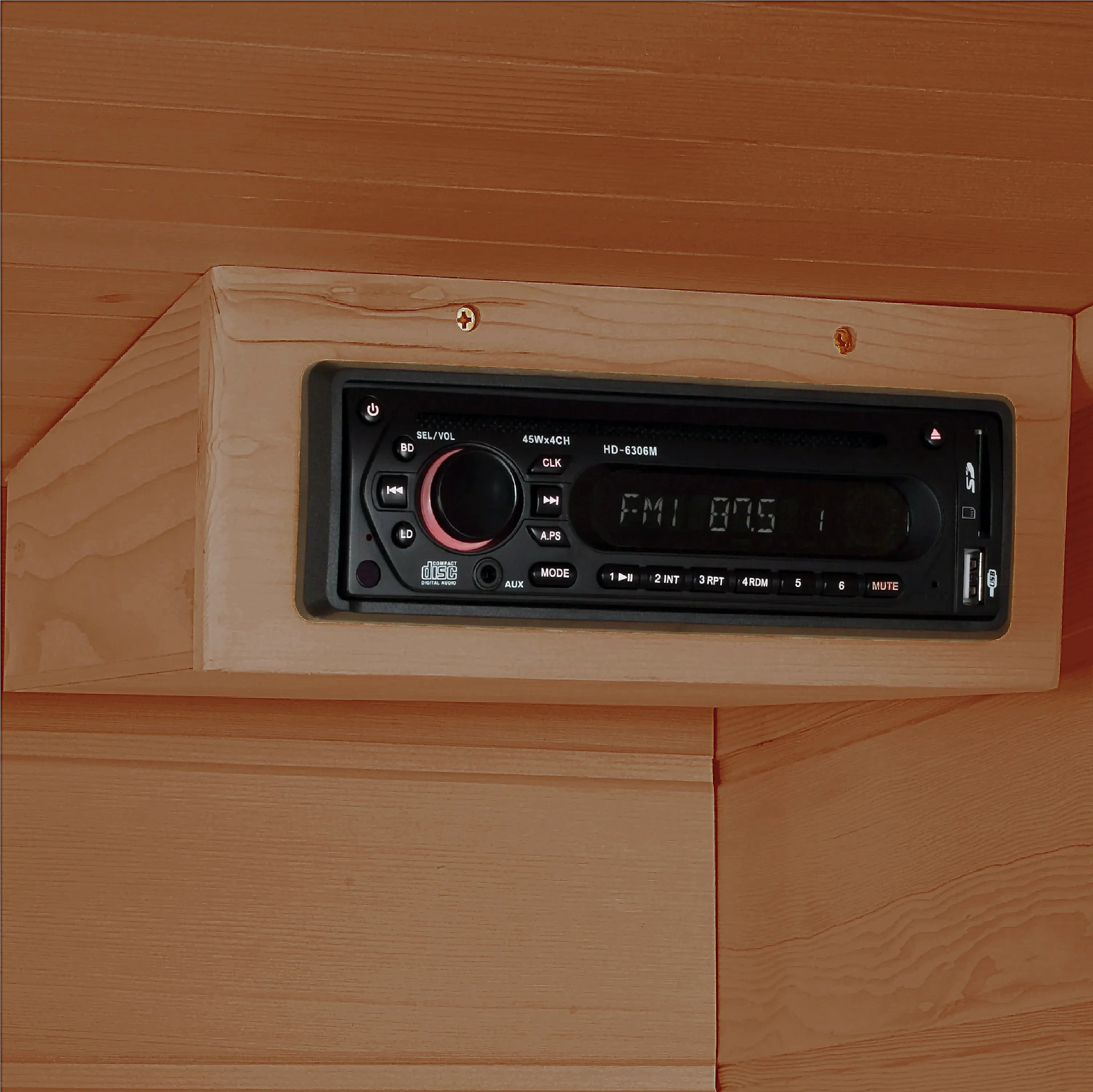The FM radio inside the Maxxus Saunas FAR infrared Dundas model sauna constructed from Canadian hemlock with a three person capacity