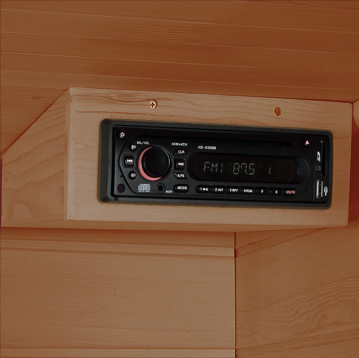 The FM radio inside the Maxxus Saunas FAR infrared Dundas model sauna constructed from Canadian hemlock with a three person capacity