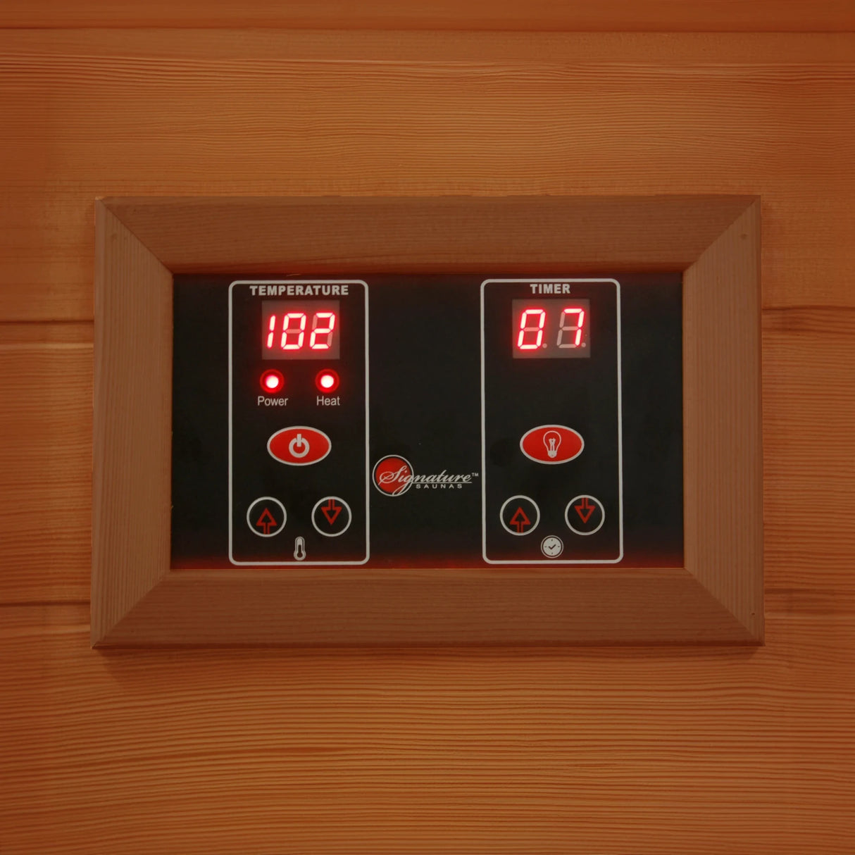 Black and red LED control panel inside a Canadian red cedar sauna