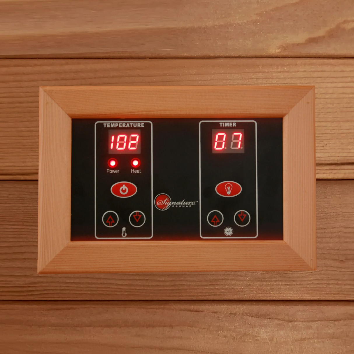 LED control panel inside a Canadian red cedar sauna