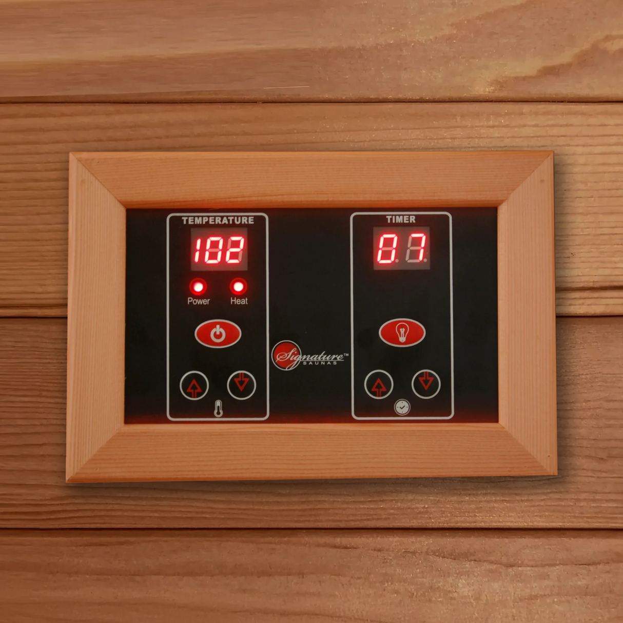 LED control panel inside a Canadian red cedar sauna