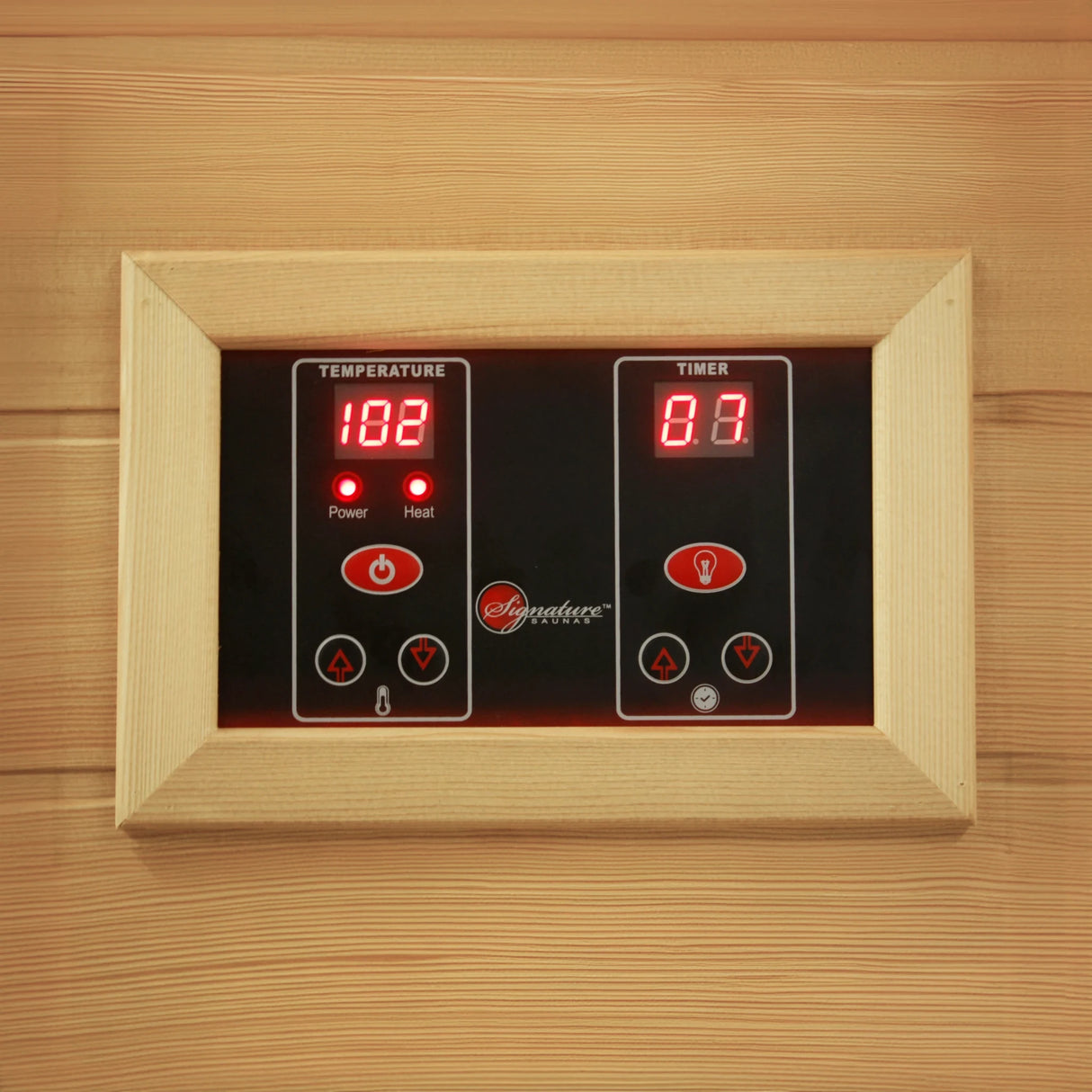 Exterior LED controls on the side of a wooden Canadian hemlock sauna