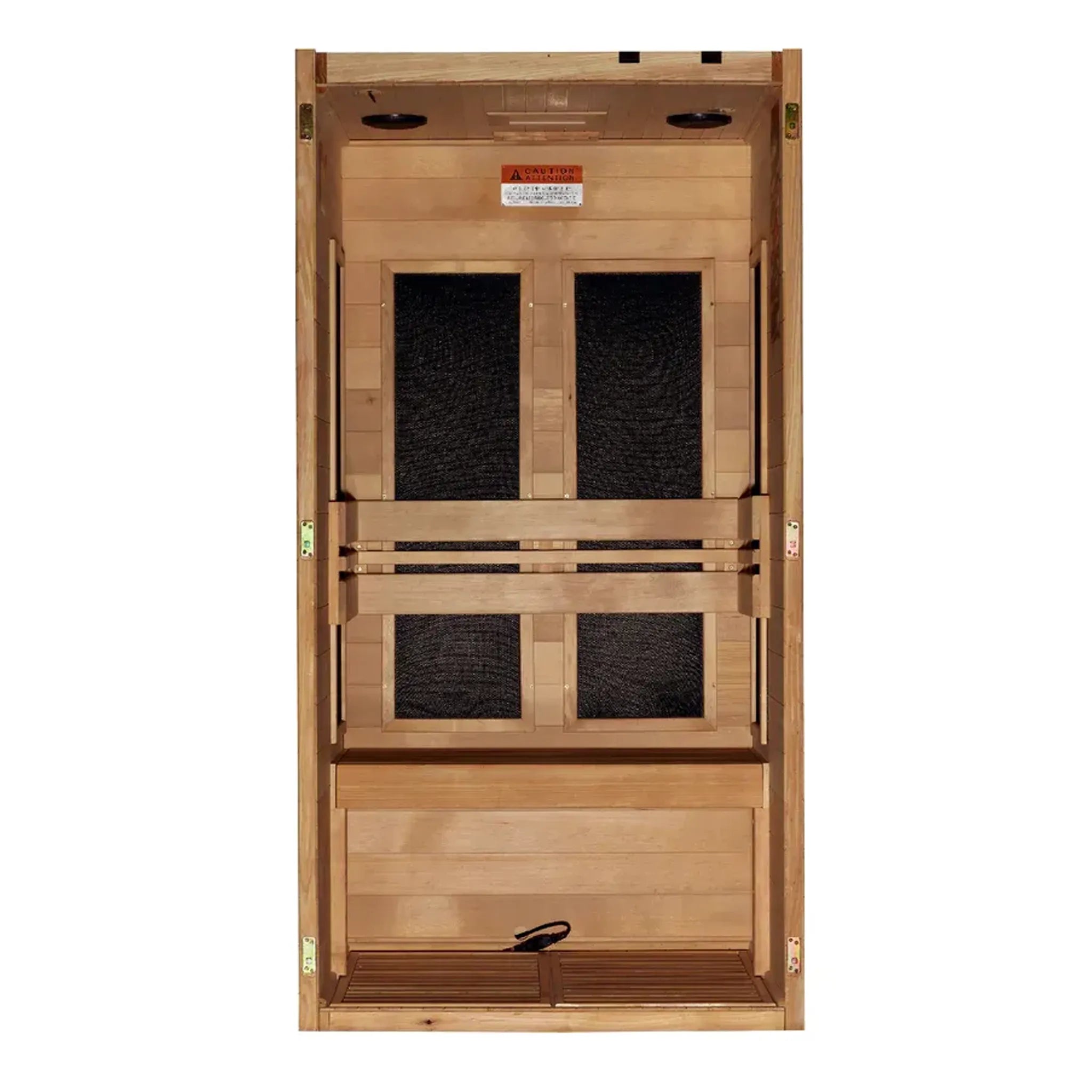 Wooden 1 person infrared sauna with the front wall and door removed