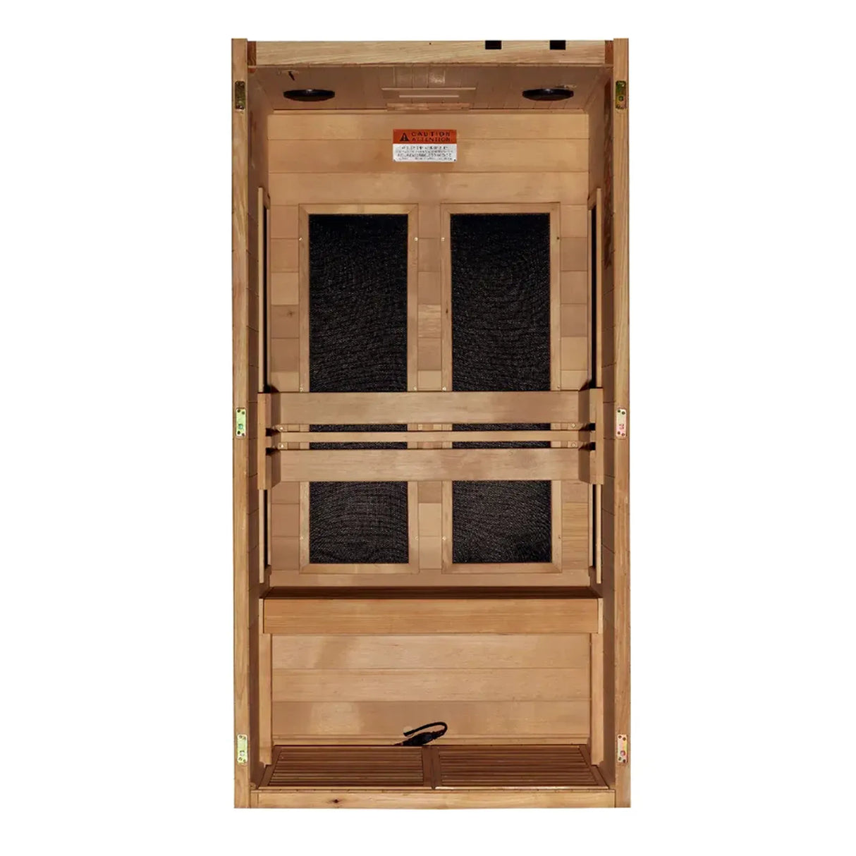 Wooden 1 person infrared sauna with the front wall and door removed