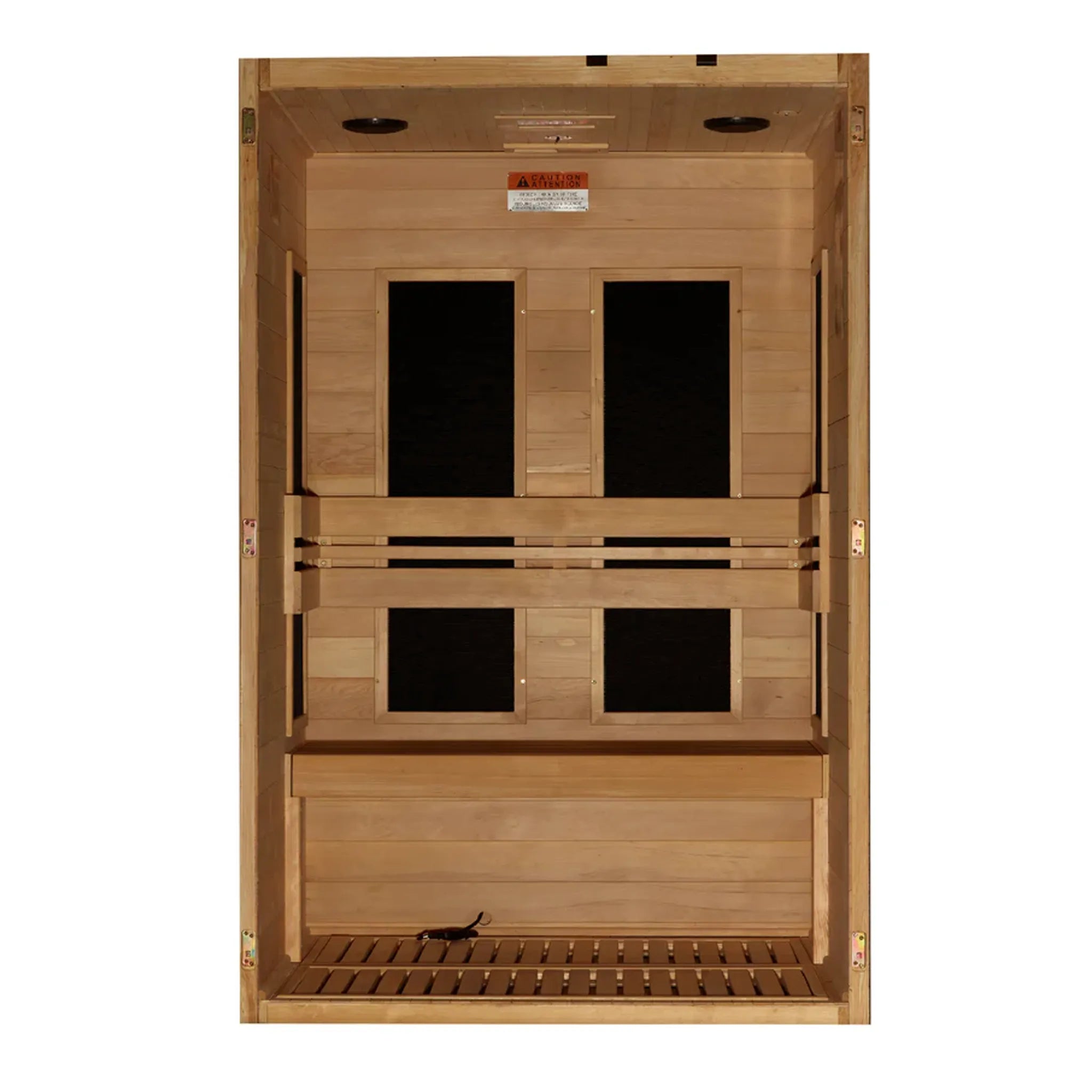 Wooden 2 person infrared sauna with the front door and wall removed