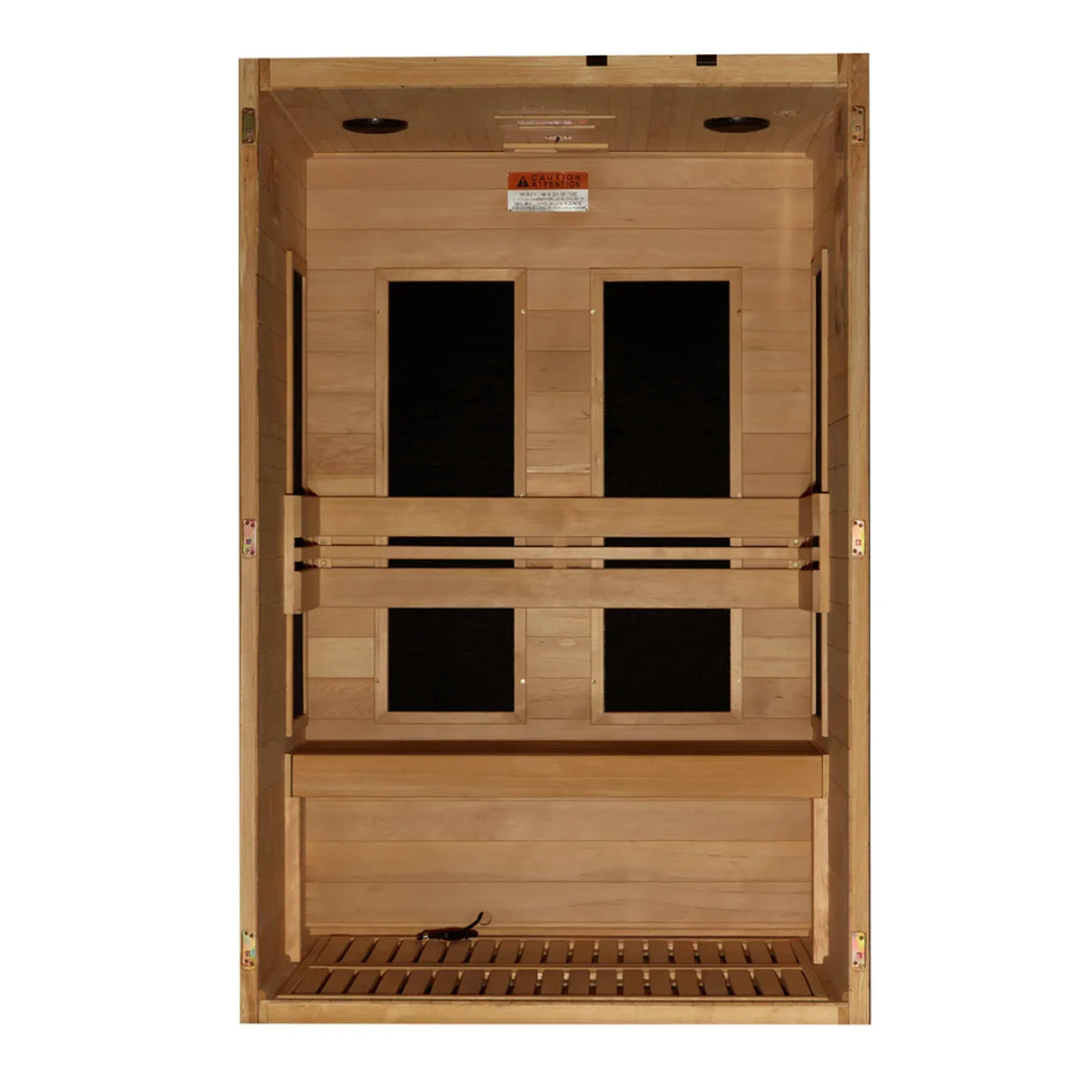 Wooden 2 person infrared sauna with the front door and wall removed