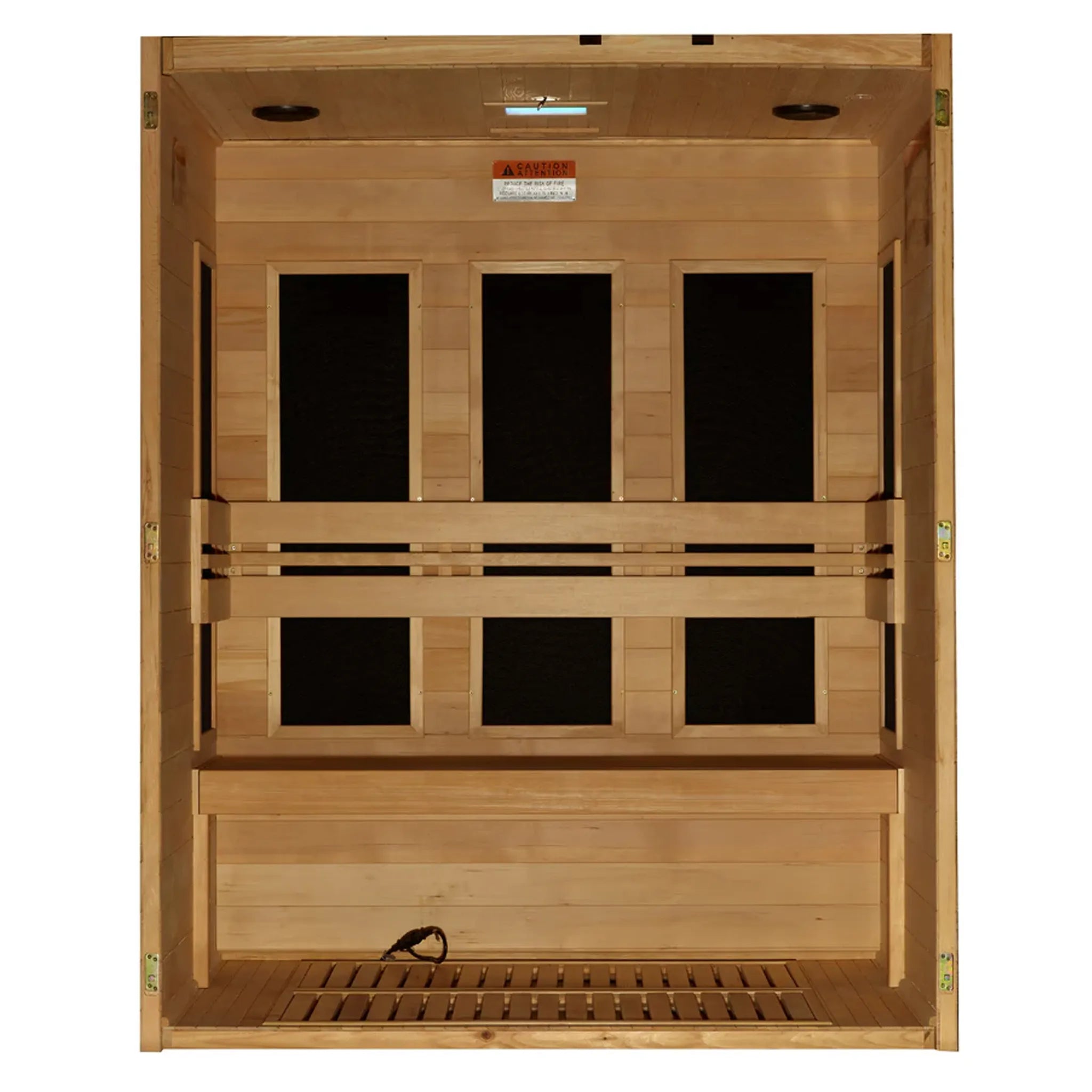 Wooden 3 person infrared sauna with the front door and wall removed