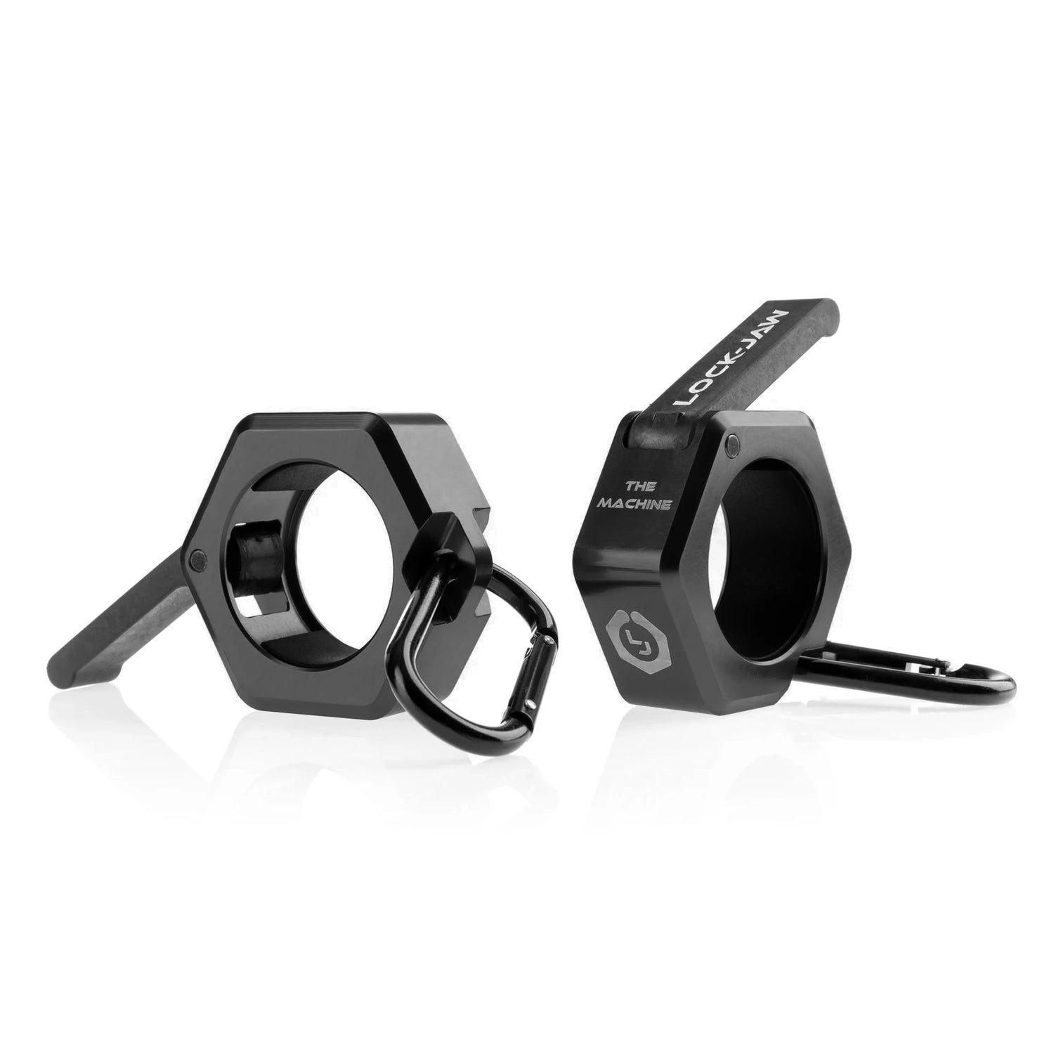 Black metal barbell collars by Lock-Jaw with the model name 'The Machine' written on the side in white letters