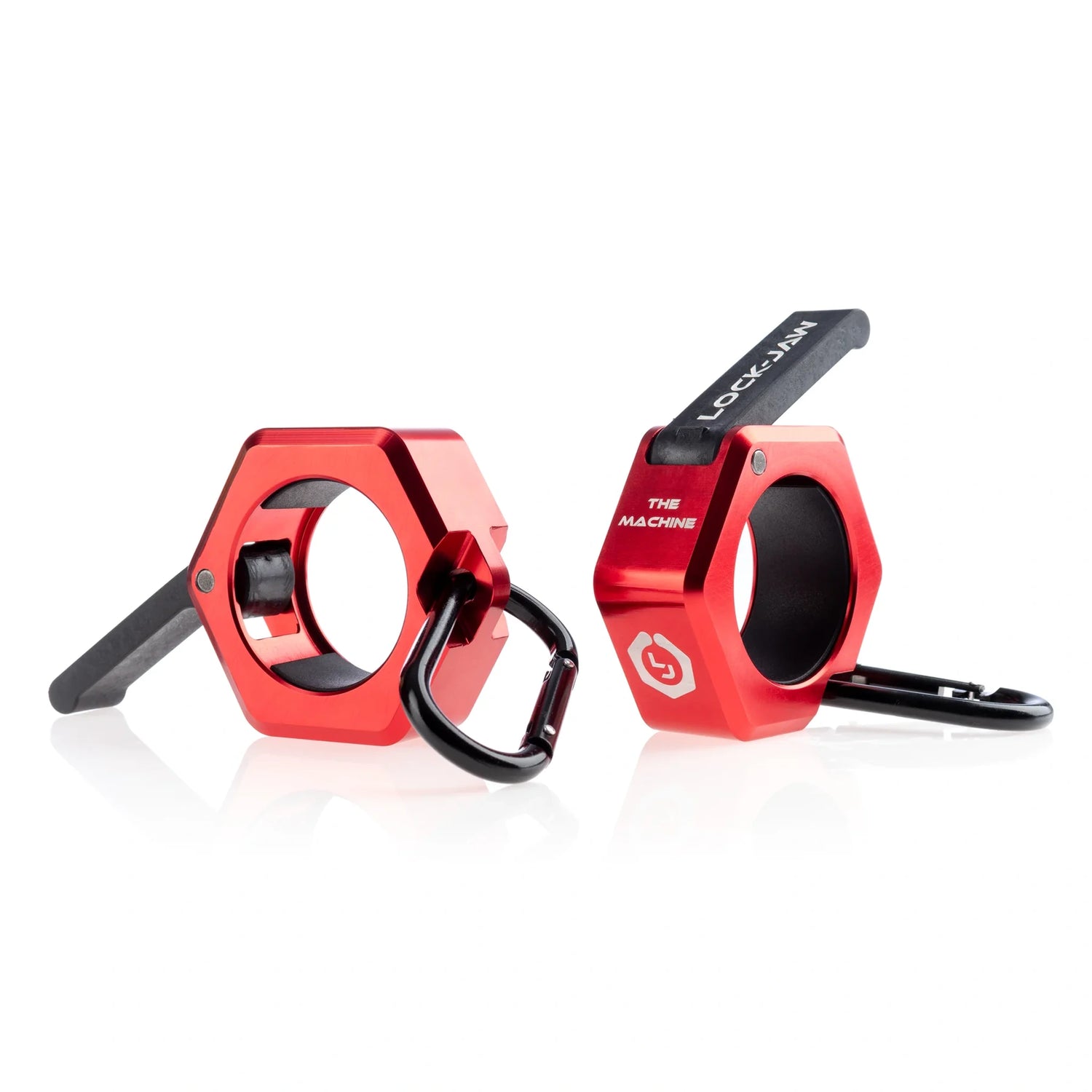Red metal barbell collars by Lock-Jaw with the model name 'The Machine' written on the side in white letters