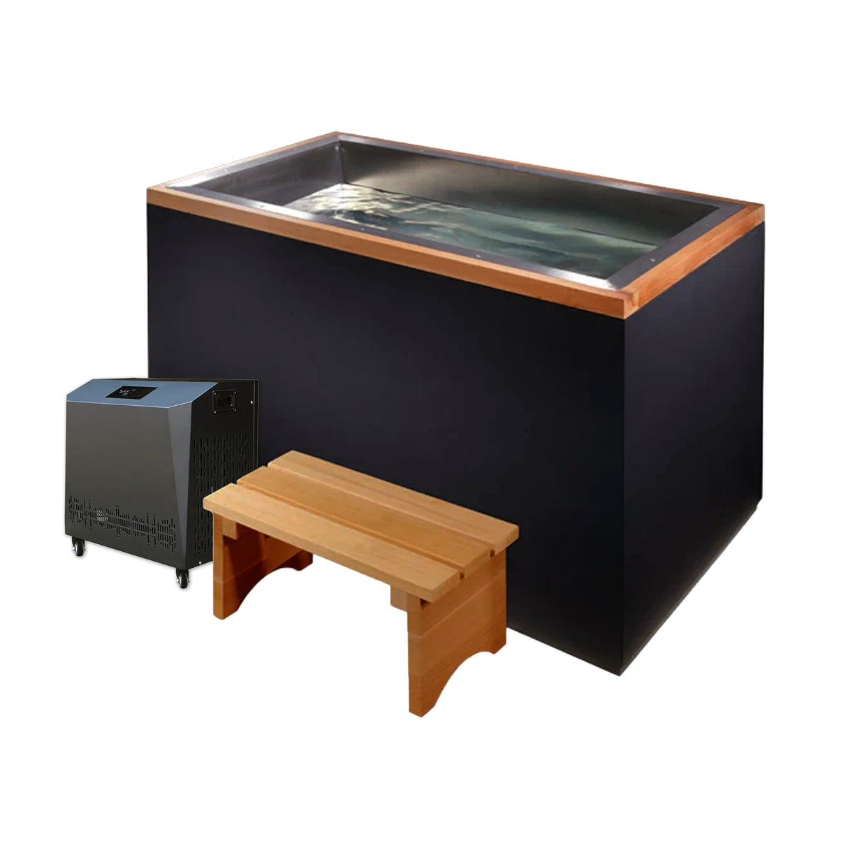 Black cold plunge with a wooden step stool and a black chiller next to it