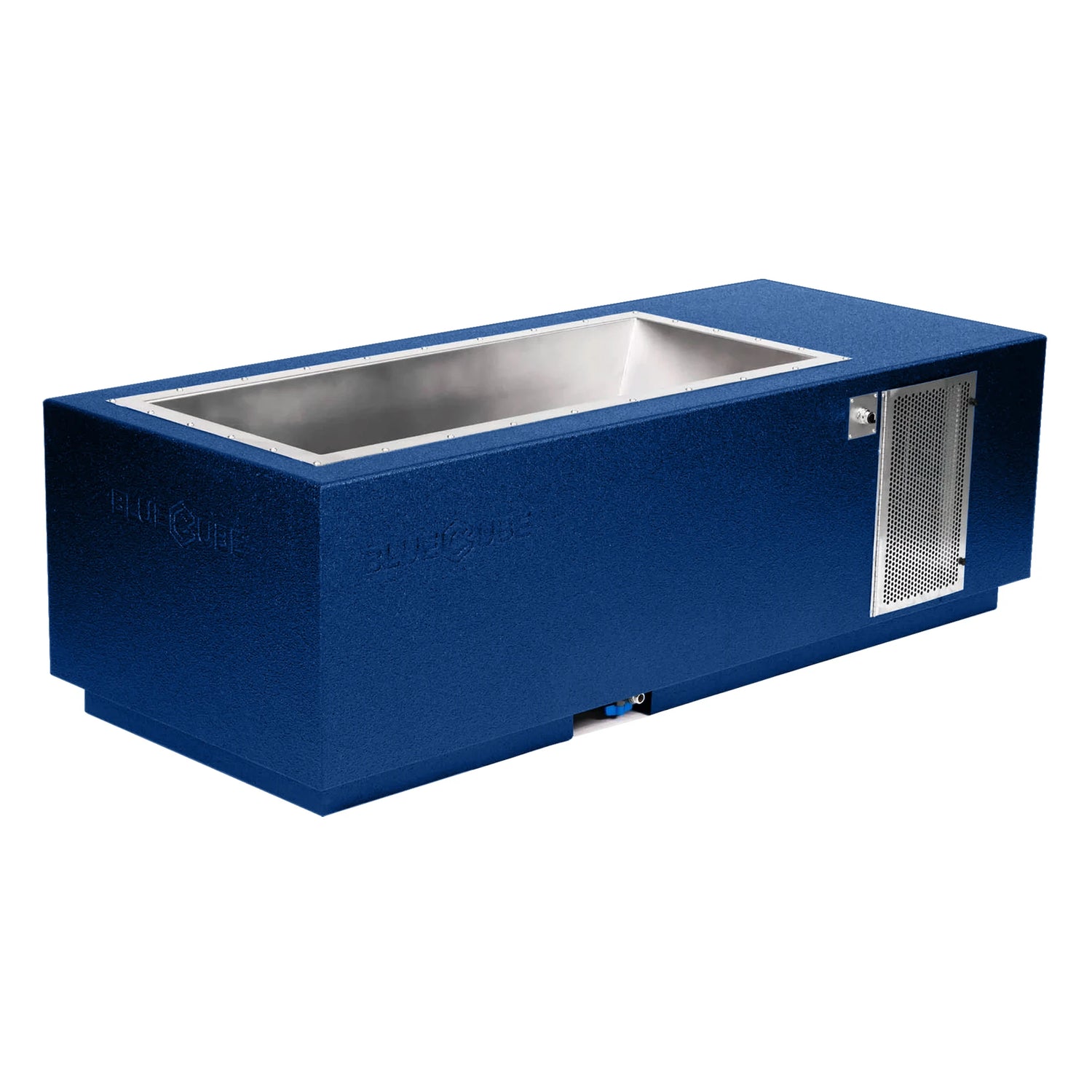 Custom blue BlueCube CoreChill 3 Cold Plunge Tub with line-x top which is commercial grade and handmade in America