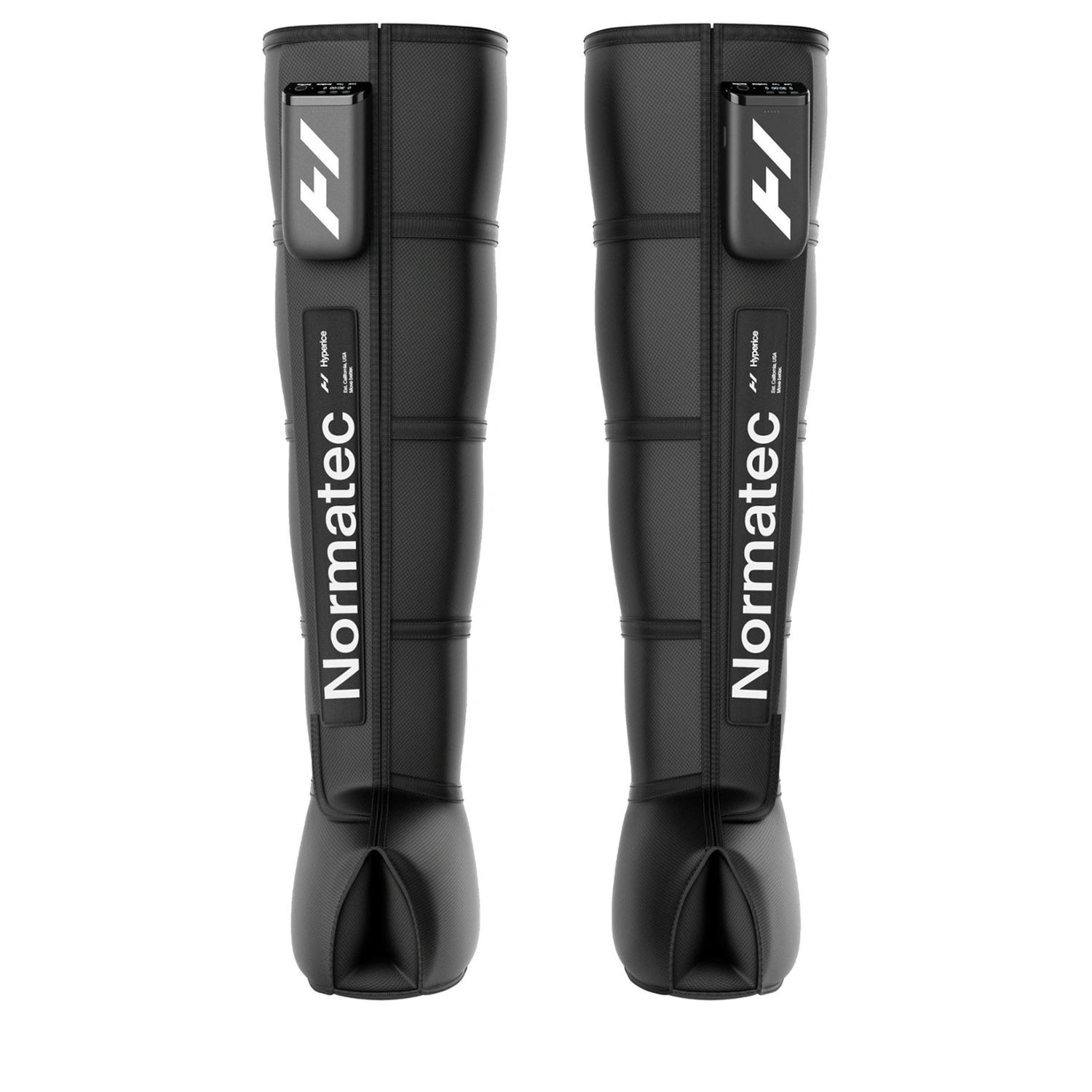 A pair of Normatec Elite compression boots by Hyperice, primarily black in color with brand logos and control panels on the side.