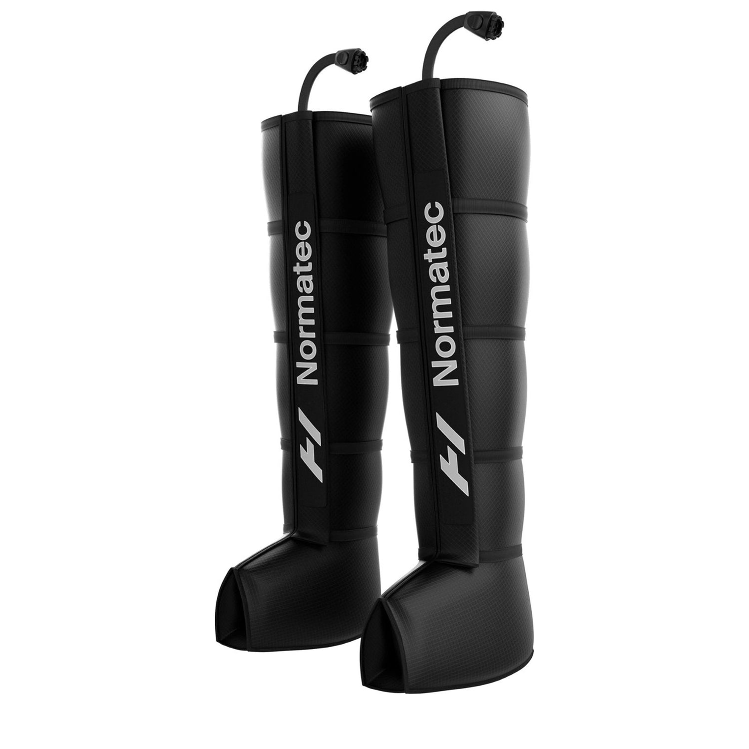A pair of Normatec compression leggings designed for leg area coverage. They are black with white branding.