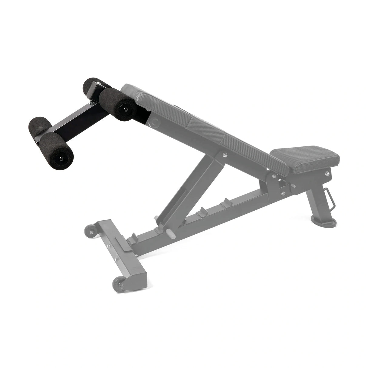 A PowerBlock bench with a sit-up ab and core attachment attached to the back
