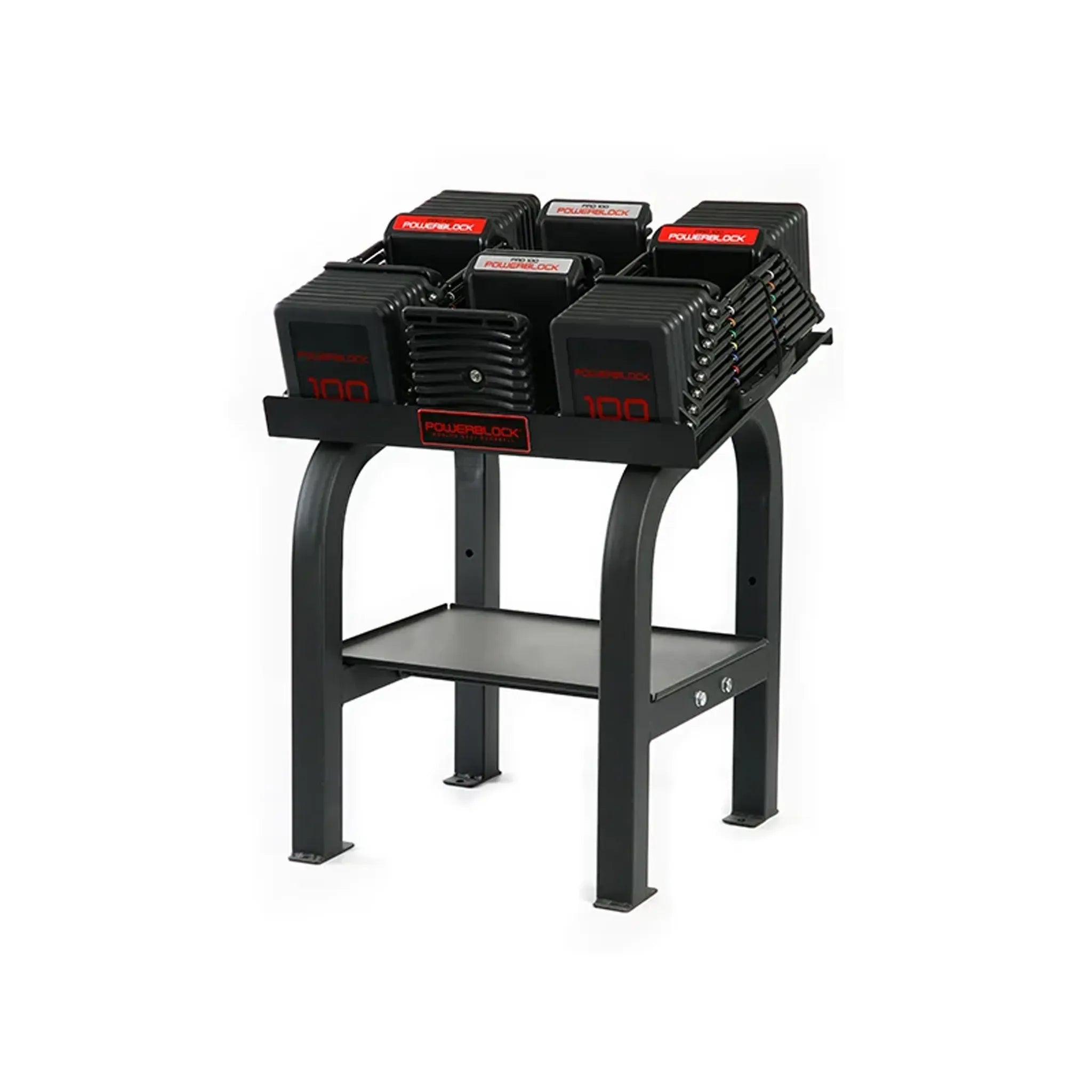 A pair of PowerBlock Commercial Pro 100 Dumbbells on a stand