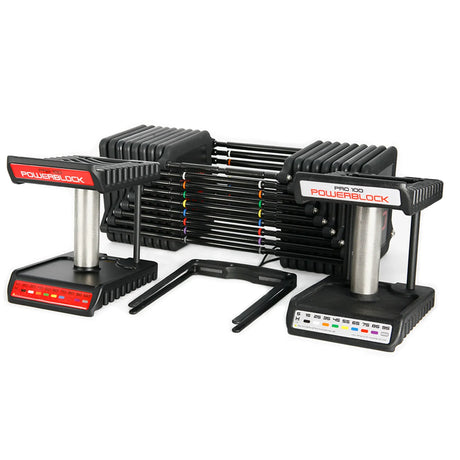 A PowerBlock Commercial Pro 100 Dumbbell with handles and pin removed