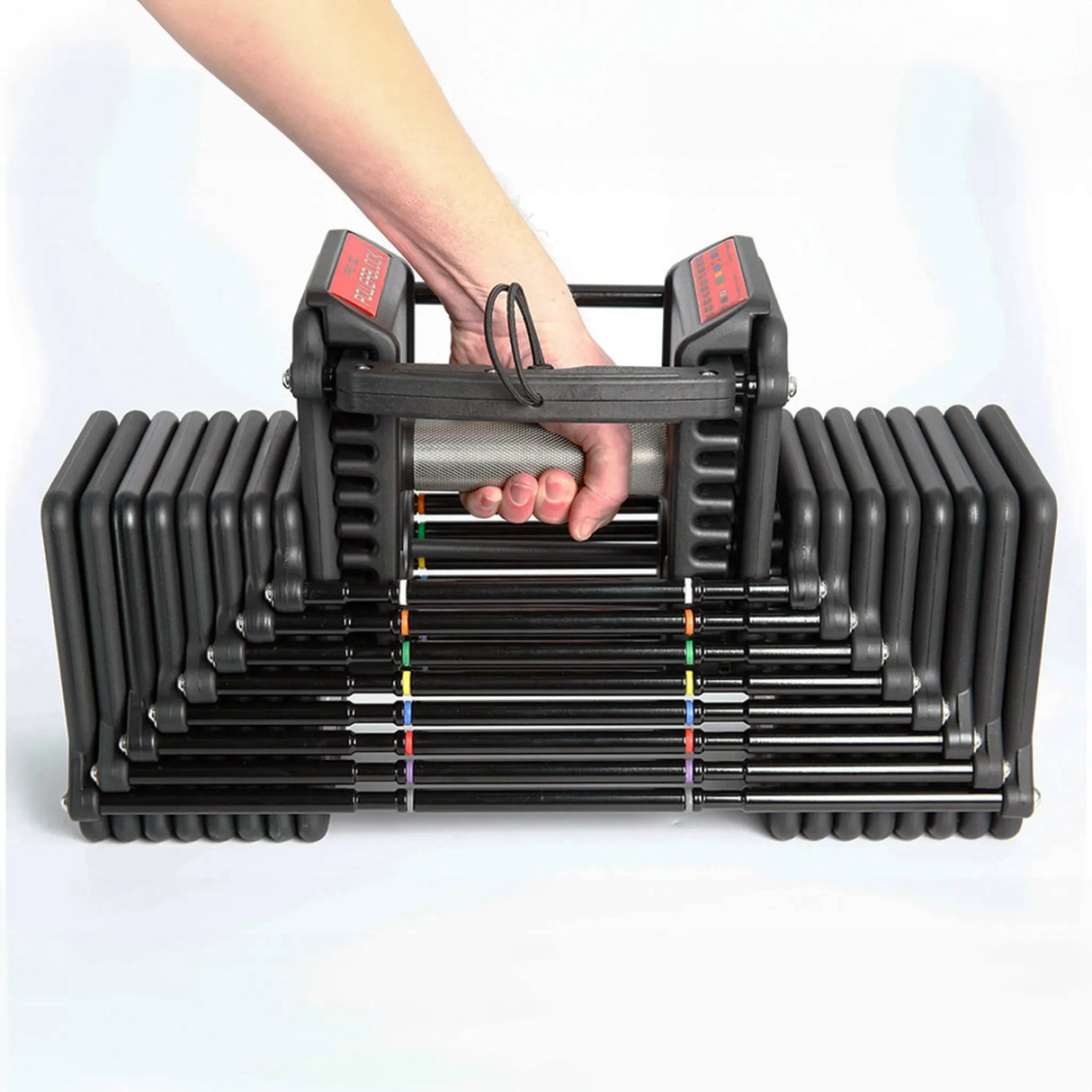 A person removing the handle from a PowerBlock Commercial Pro 100 Dumbbell