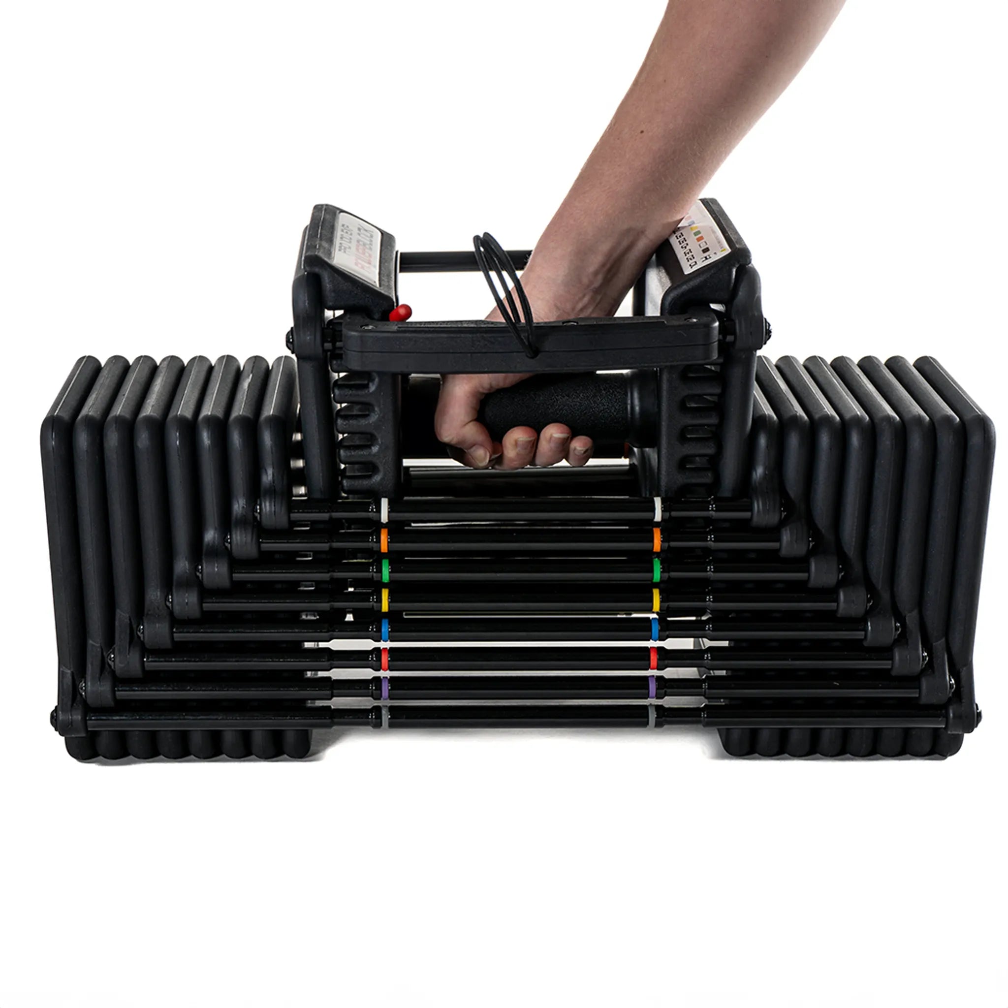 A handle being removed from a PowerBlock Pro 100 dumbbell
