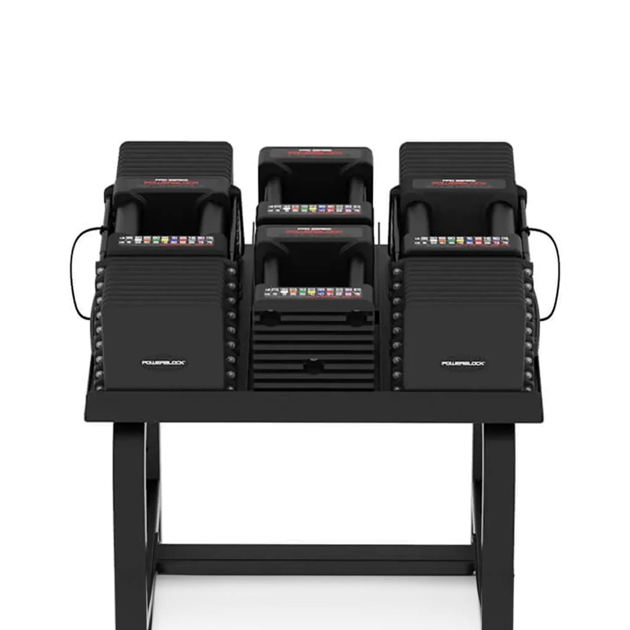 A pair of PowerBlock Commercial Pro 175 Dumbbells sitting on a stand