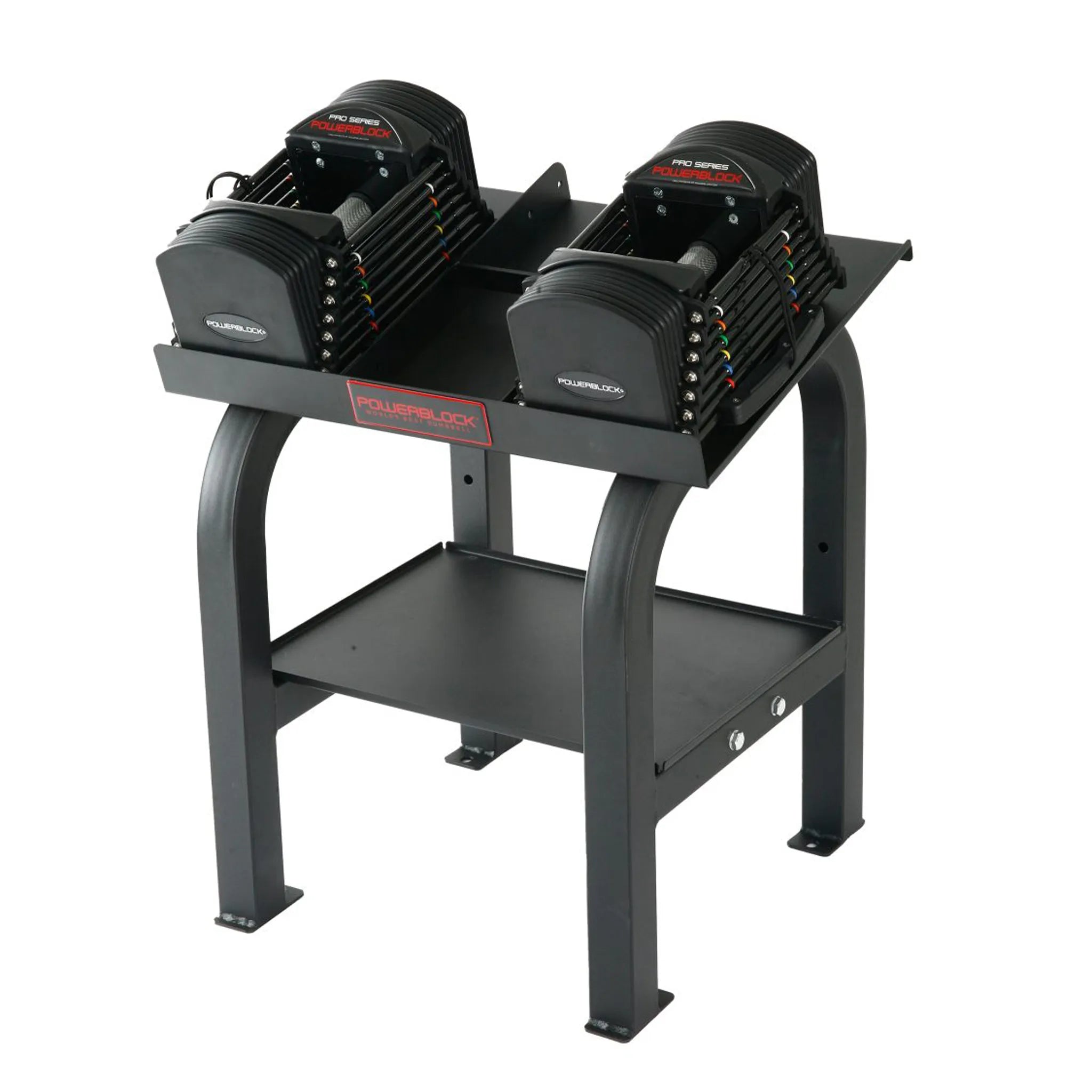 A pair of PowerBlock Commercial Pro 50 Dumbbells sitting on a stand