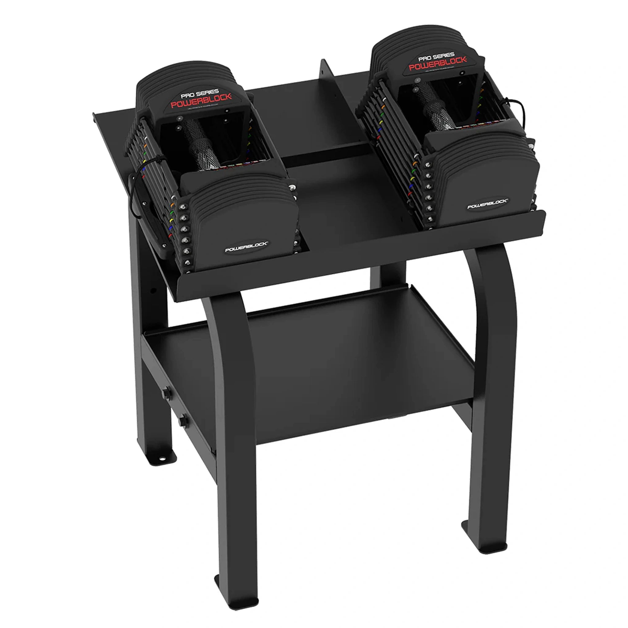 A pair of PowerBlock Commercial Pro 50 Dumbbells sitting on a stand