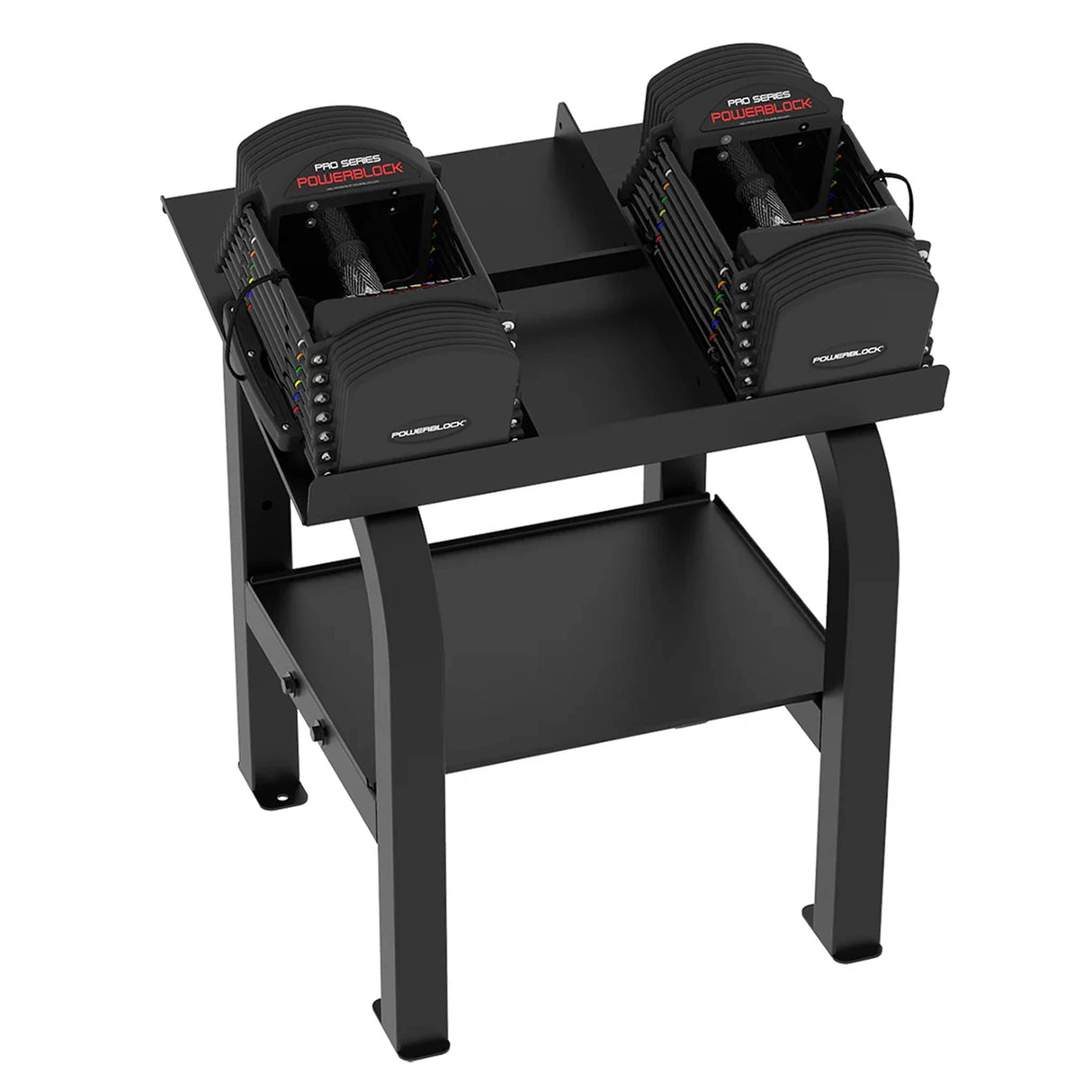 A pair of PowerBlock Commercial Pro 50 Dumbbells sitting on a stand