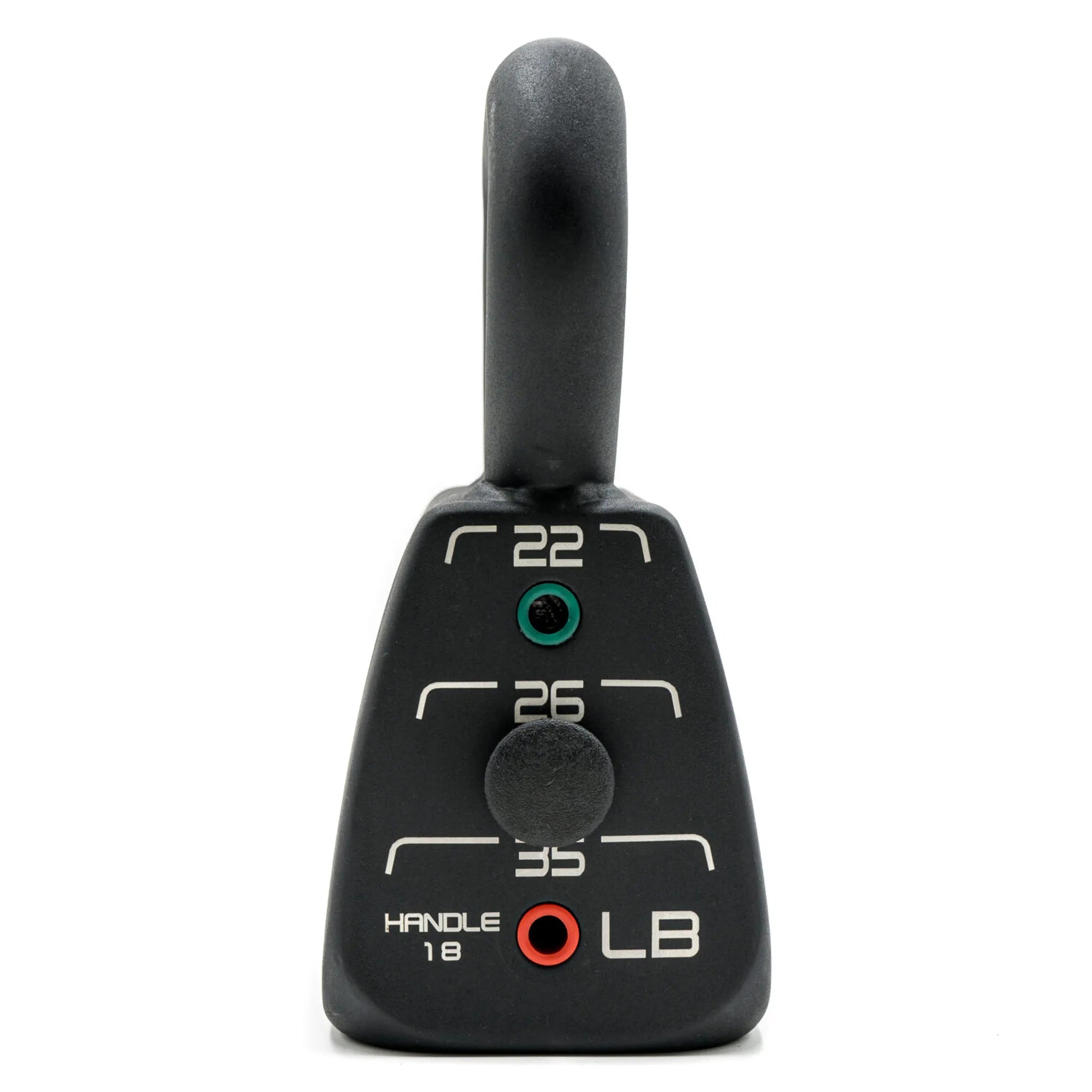 A PowerBlock Commercial Standard Adjustable Kettlebell with four weight options which include 18lb, 22lb, 26lb, and 35lb