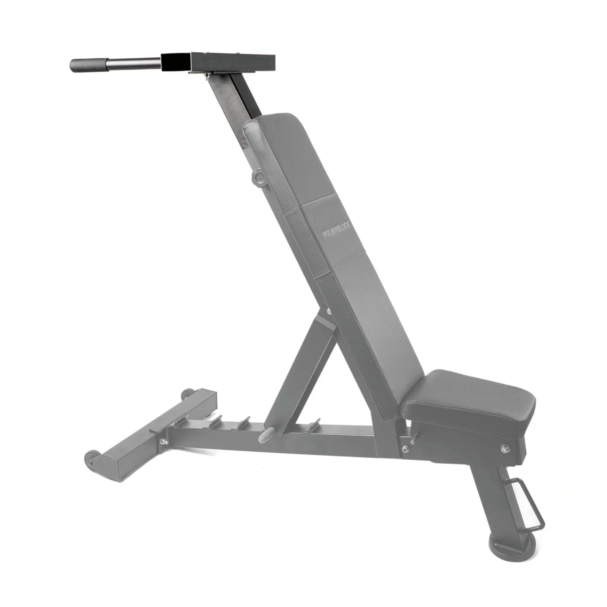 A PowerBlock bench with a dip attachment attached to the back