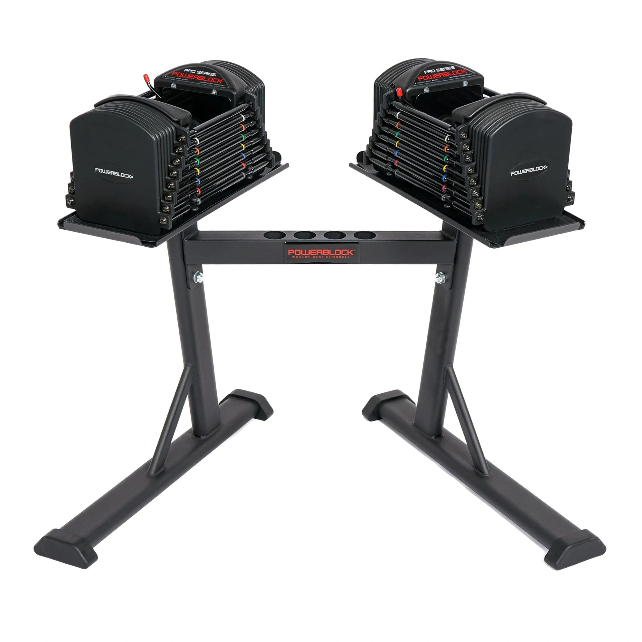 A PowerBlock PowerMax Stand with dumbbells on it