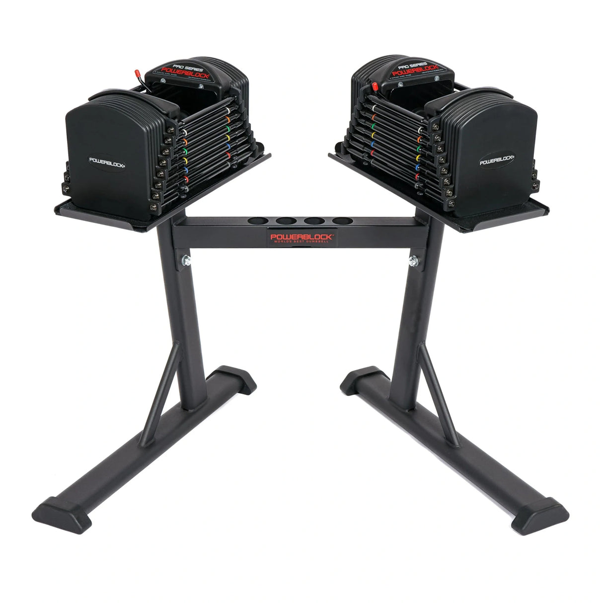A PowerBlock PowerMax Stand with dumbbells on it