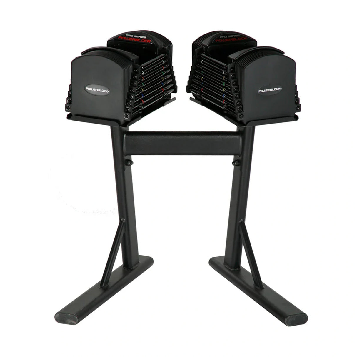 A PowerBlock PowerStand with dumbbells on it