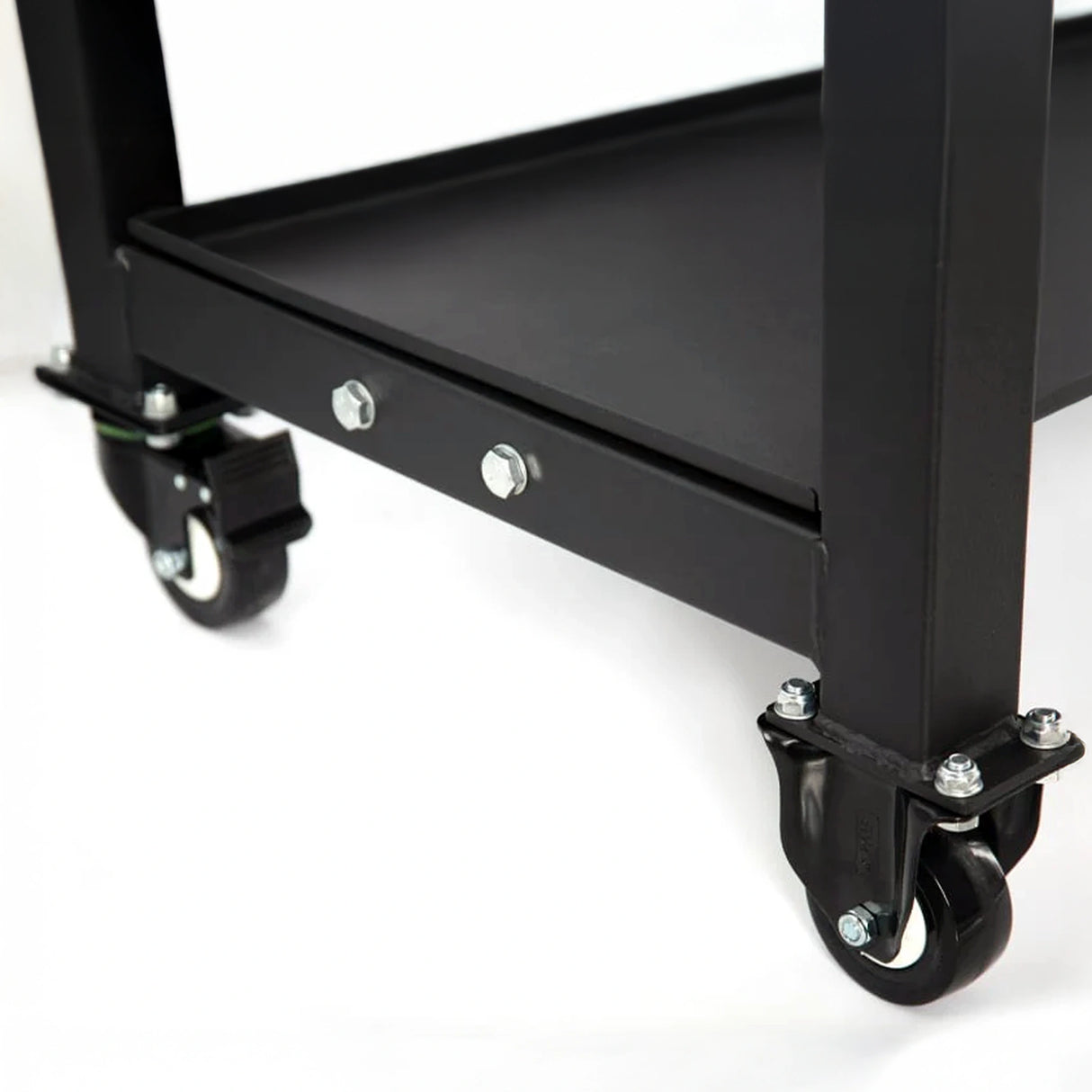 A closeup image of the empty bottom shelf on a PowerBlock Commercial Pro Max Stand