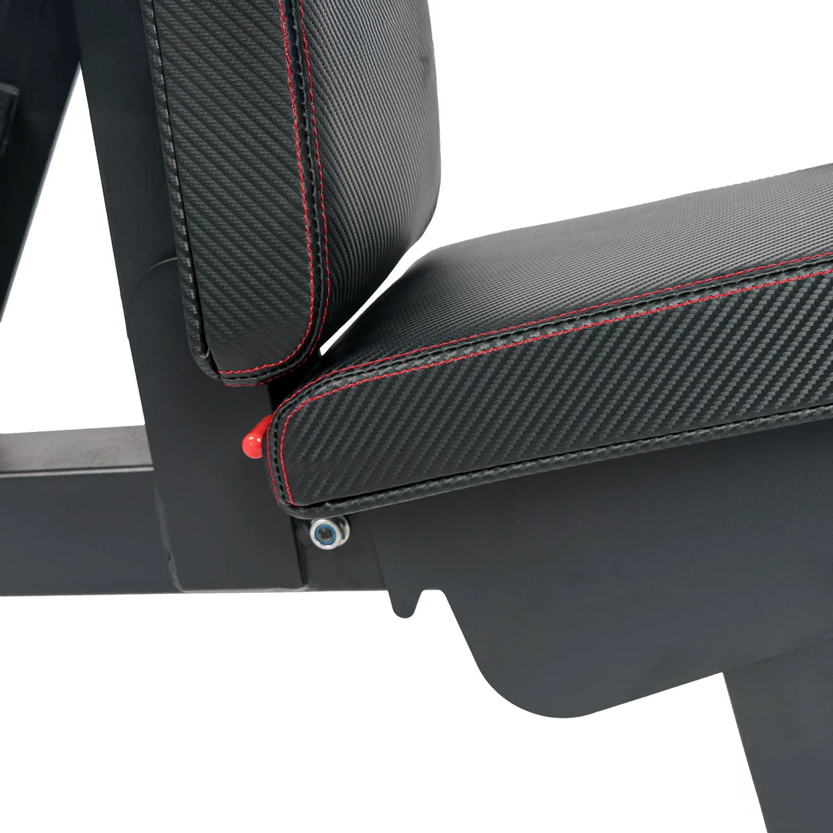 A closeup image of the seat bottom on a black PowerBlock utility bench