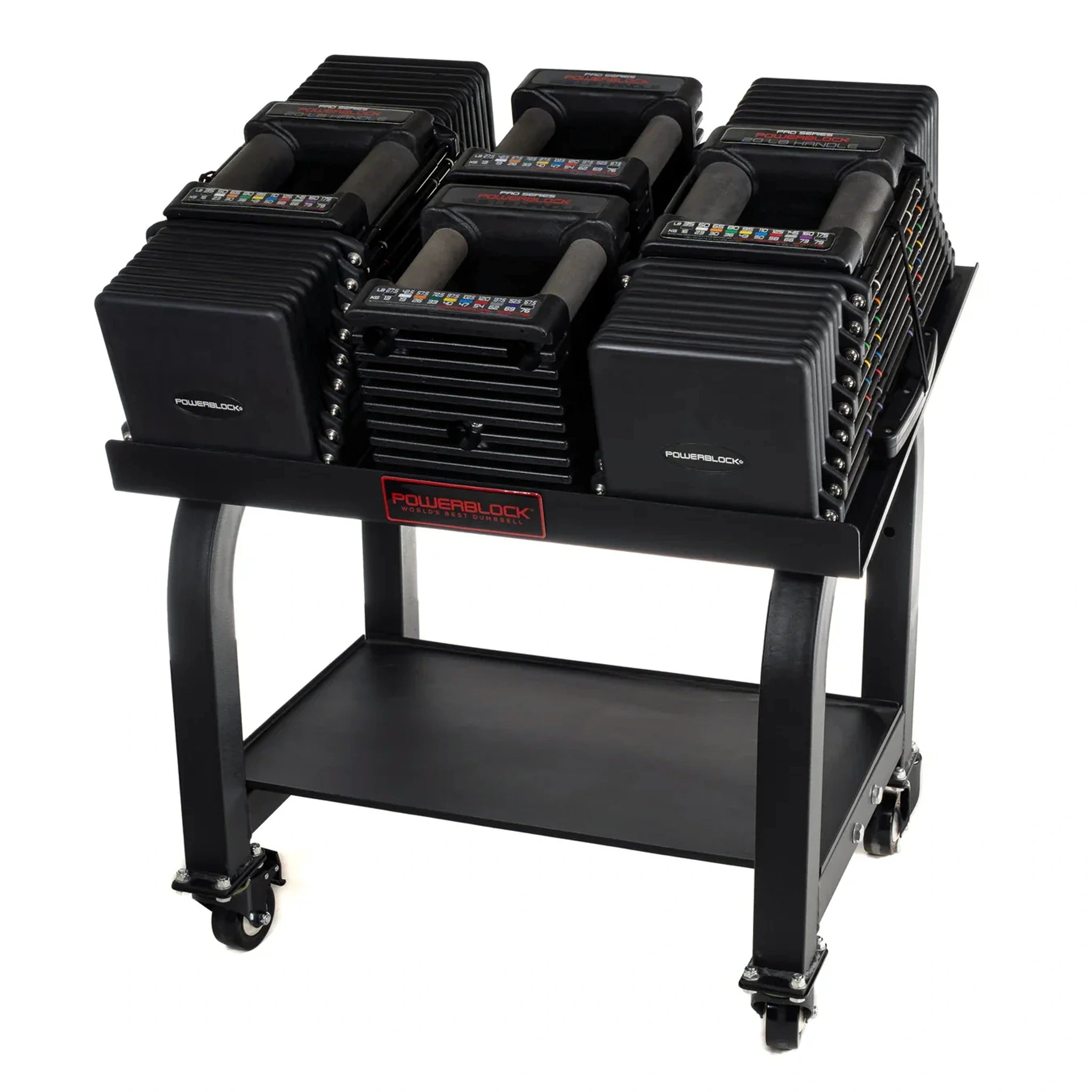 A PowerBlock Commercial Pro Max Stand with dumbbells and handles on it