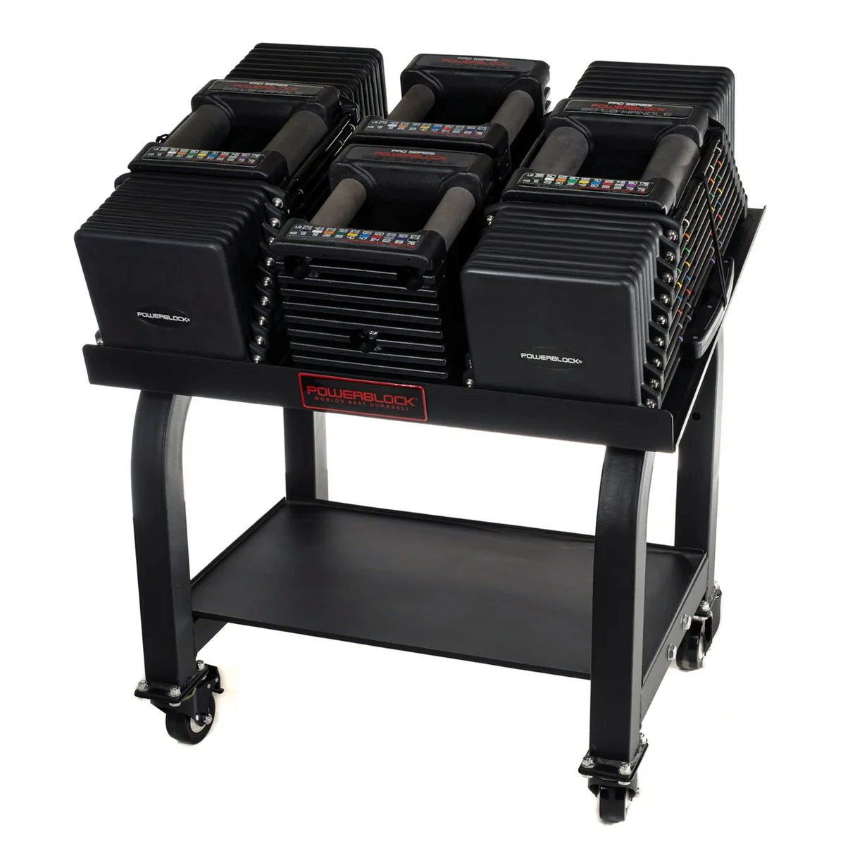 A PowerBlock Commercial Pro Max Stand with dumbbells and handles on it