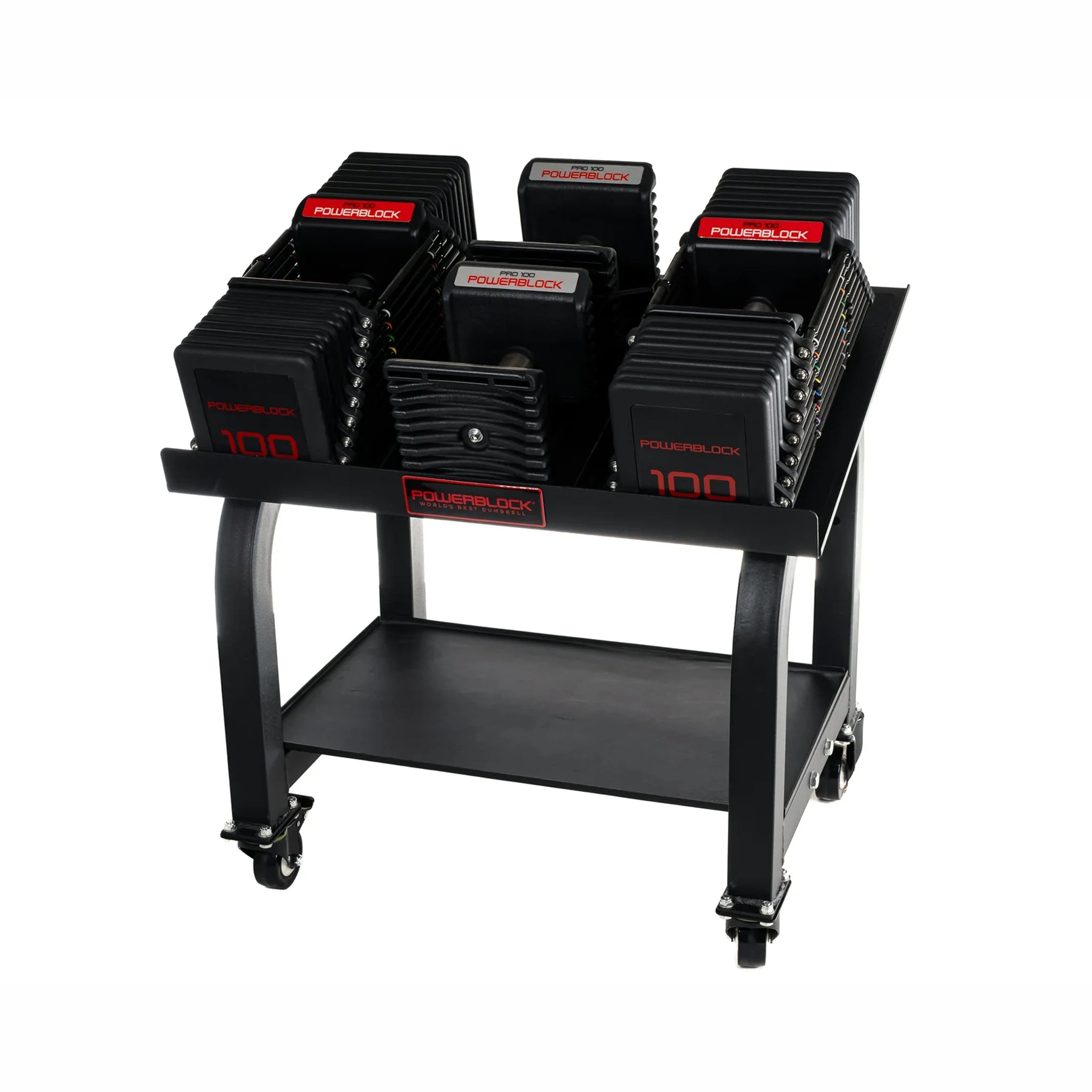 A pair of PowerBlock Commercial Pro 100 Dumbbells on a stand with wheels