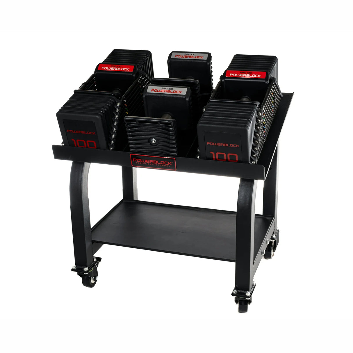 A pair of PowerBlock Commercial Pro 100 Dumbbells on a stand with wheels