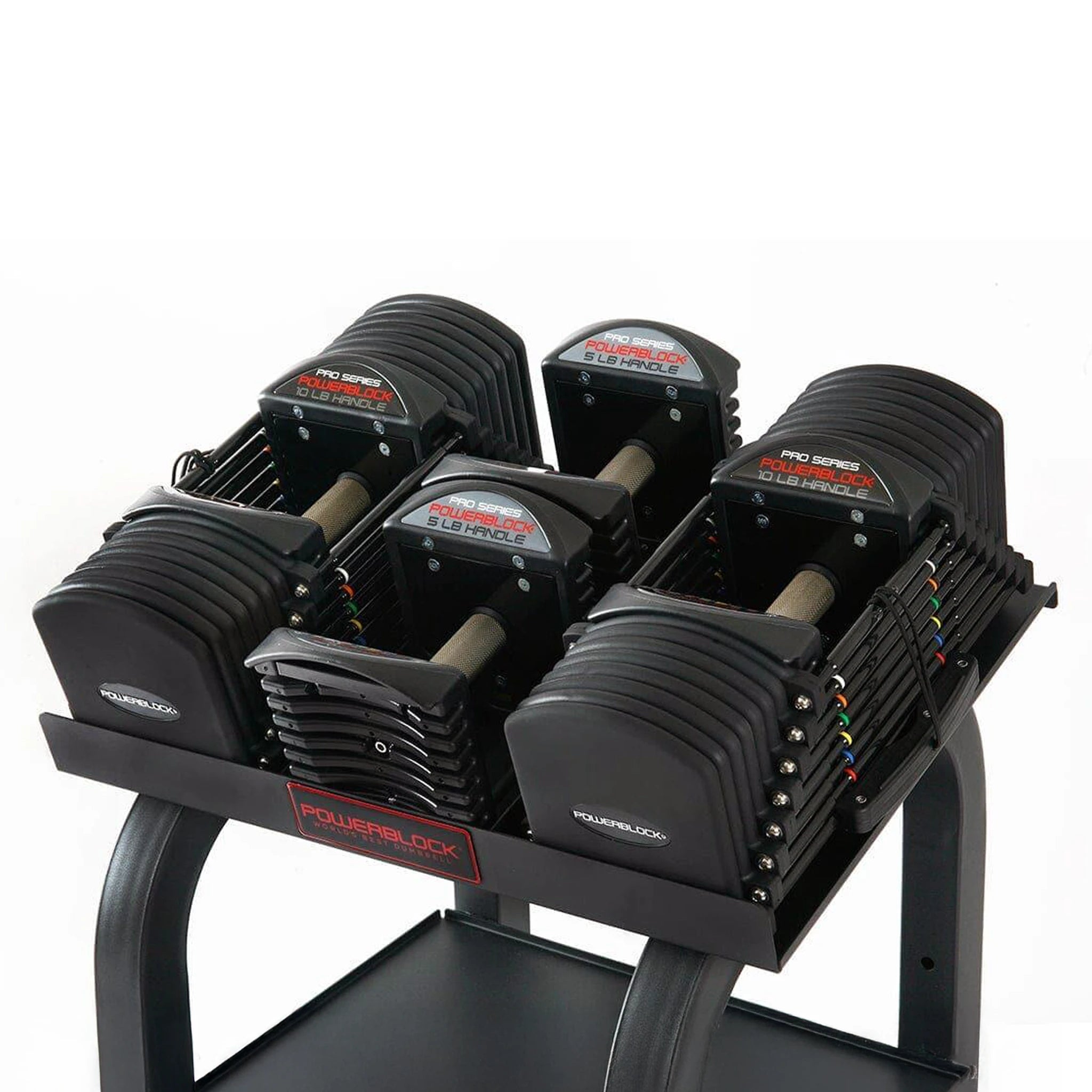 A PowerBlock Commercial Pro Rack Stand with dumbbells and handles on it