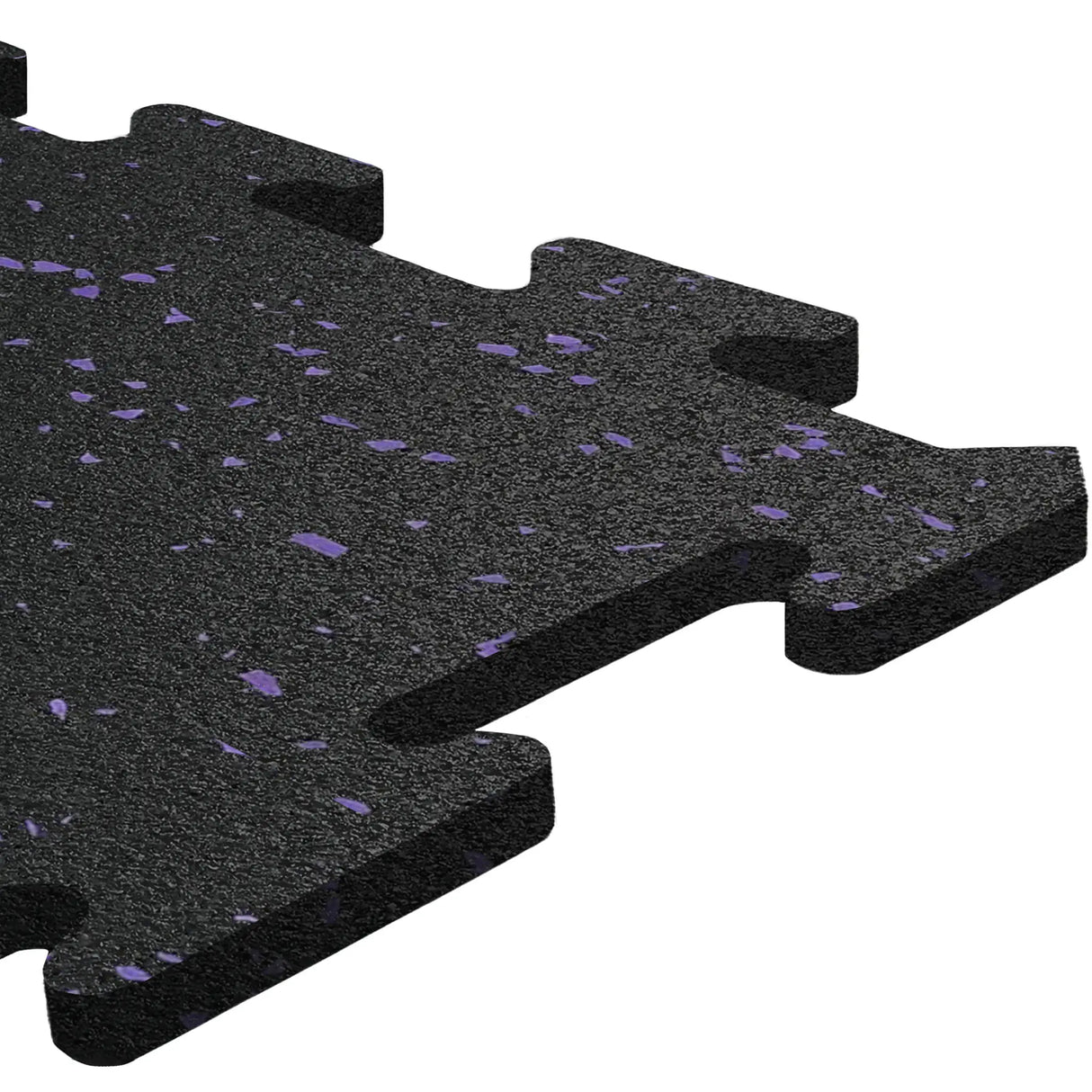 Close-up of an ECORE Athletic ECORE Rubber Floor Tiles - 8mm Interlocking tile in black with purple speckles, featuring a textured surface and puzzle-style edges for easy connection with other tiles.