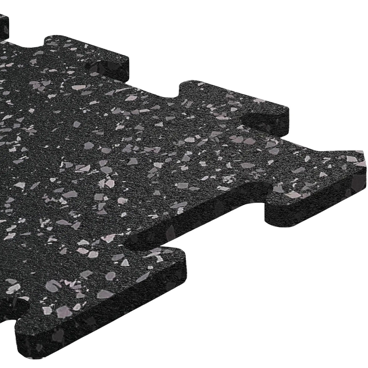 Close-up of ECORE Rubber Floor Tiles - 8mm Interlocking by ECORE Athletic, featuring a black tile with gray speckles, textured surface, and puzzle-like edges, shown isolated on a white background.