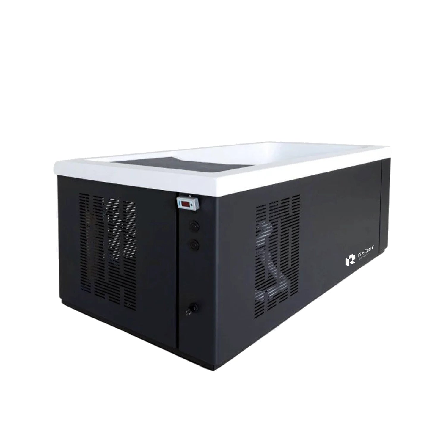 A rectangular cold plunge with a black exterior and white acrylic interior