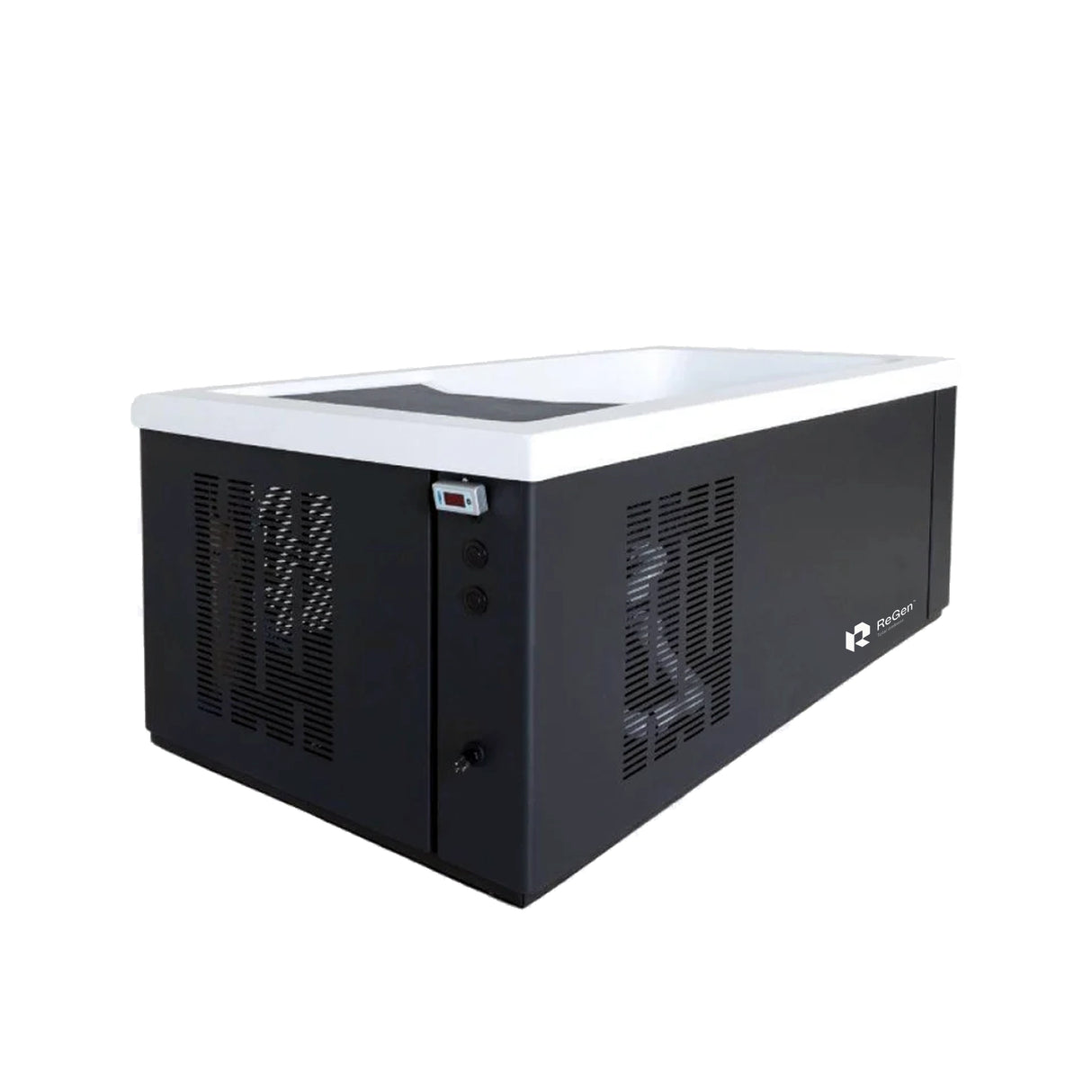 A rectangular cold plunge with a black exterior and white acrylic interior