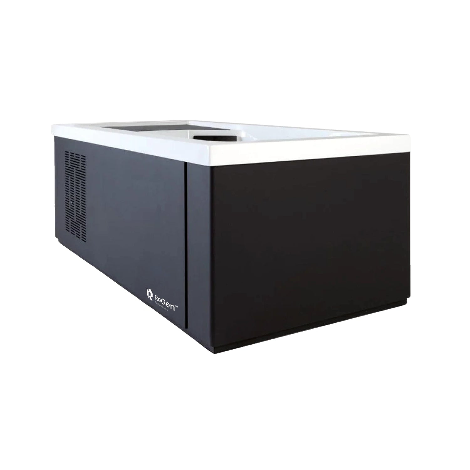 A rectangular cold plunge with a black exterior and white acrylic interior