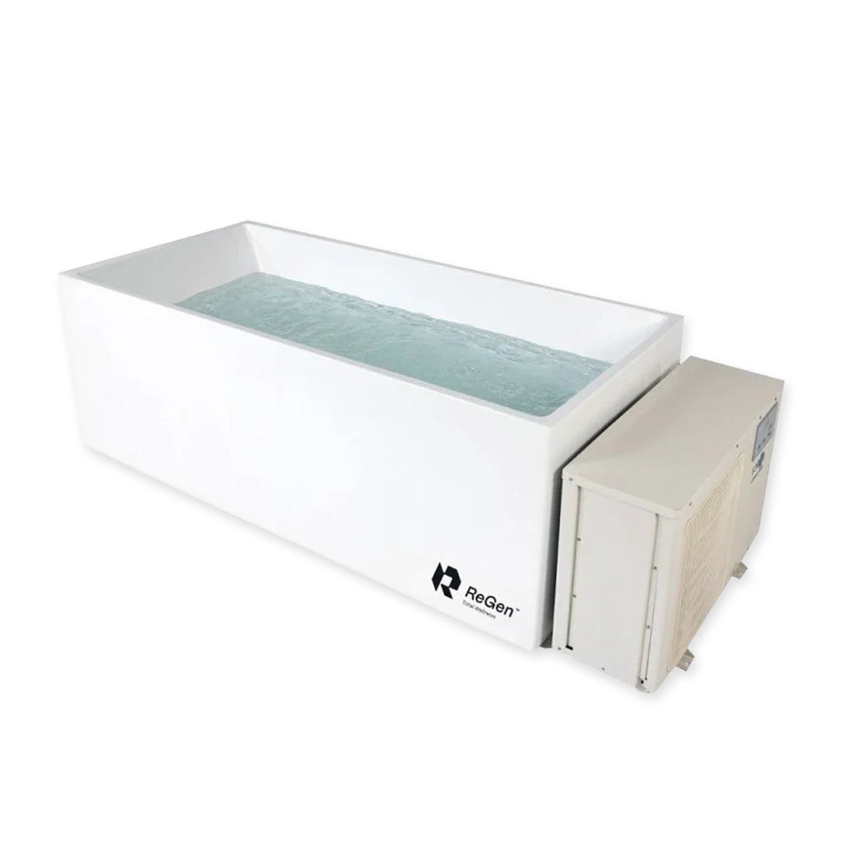 A white rectangular cold plunge filled with water