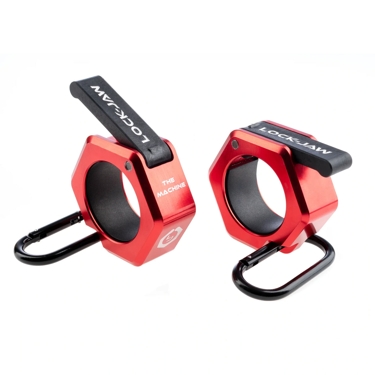 Red metal barbell collars by Lock-Jaw with the model name 'The Machine' written on the side in white letters