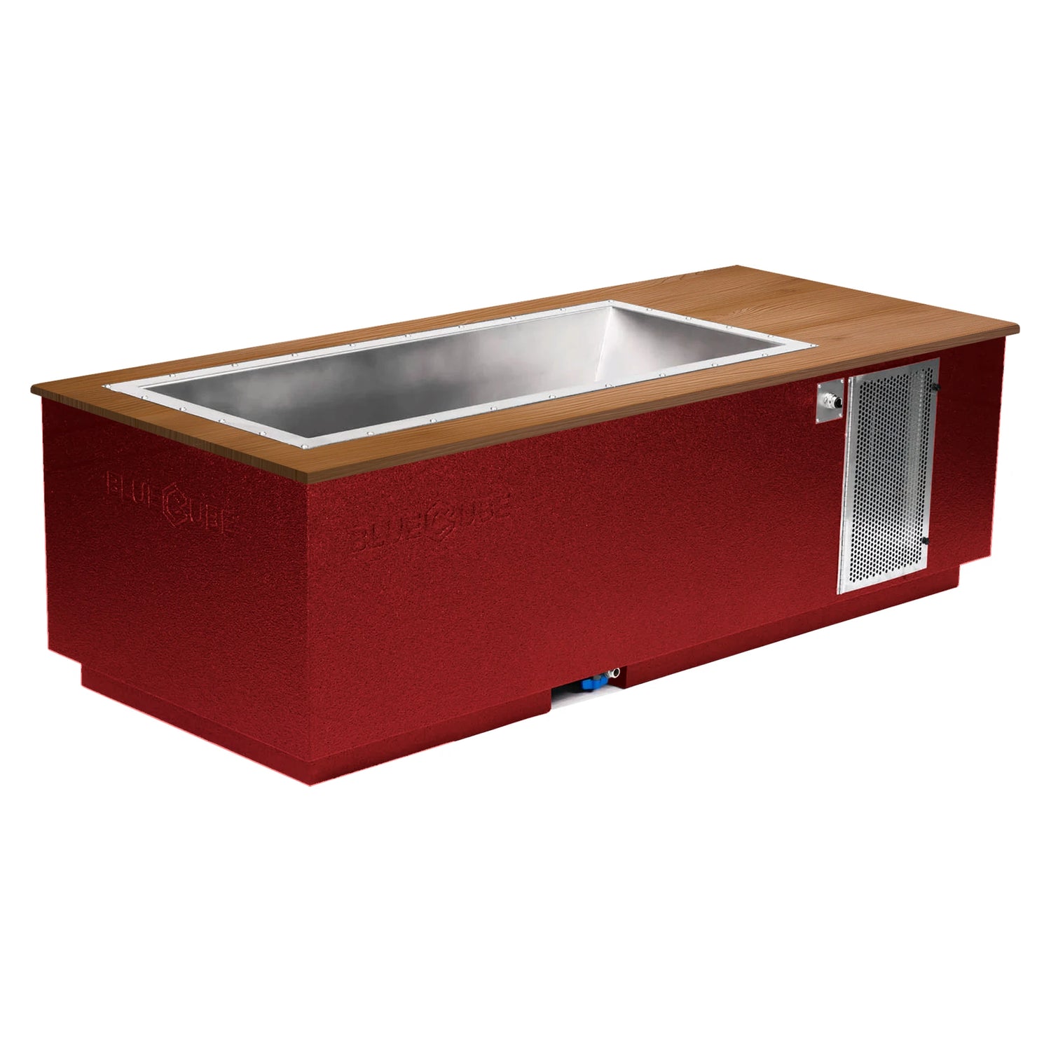 Custom red BlueCube CoreChill 3 Cold Plunge Tub with mahogany top which is commercial grade and handmade in America