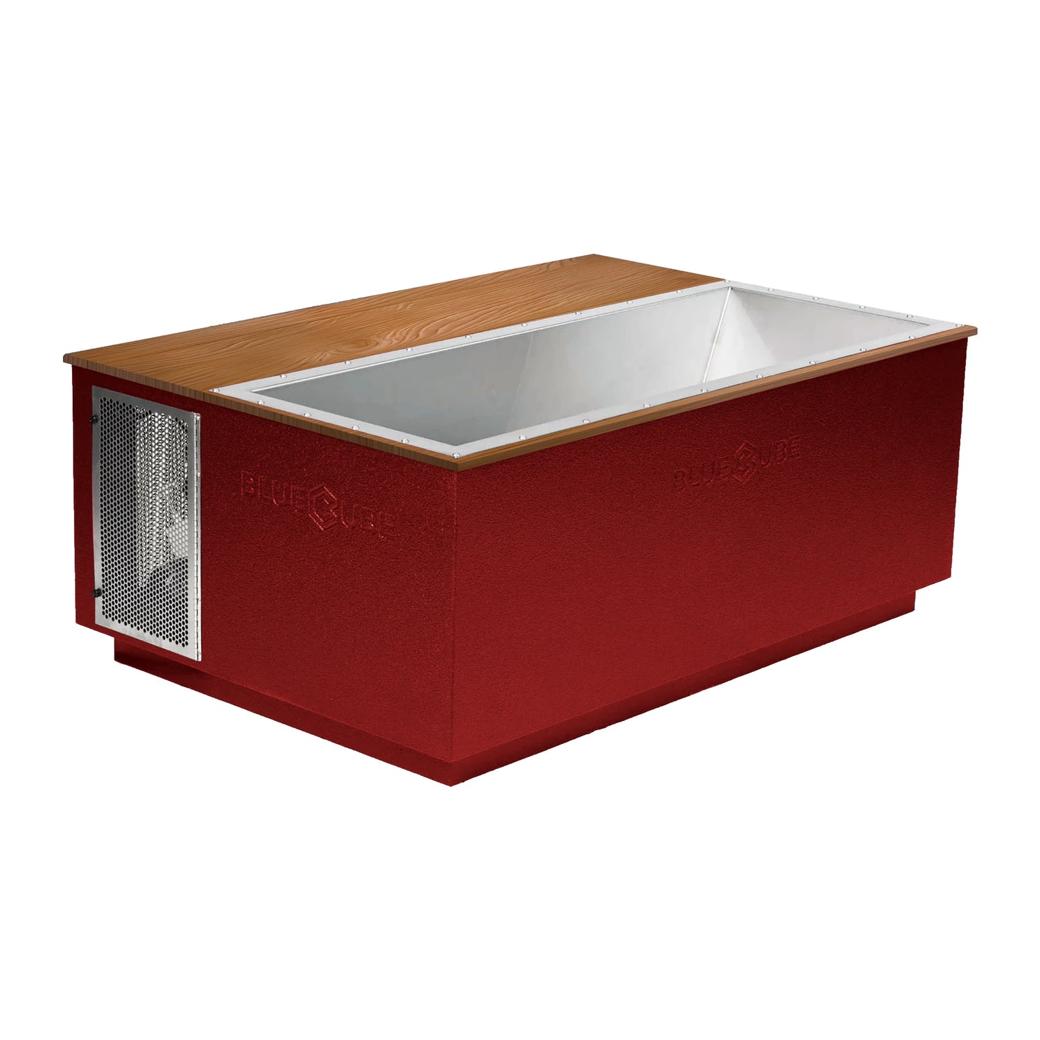Red BlueCube CoreChill 3 Elite Cold Plunge Tub with mahogany top which is commercial grade and handmade in America