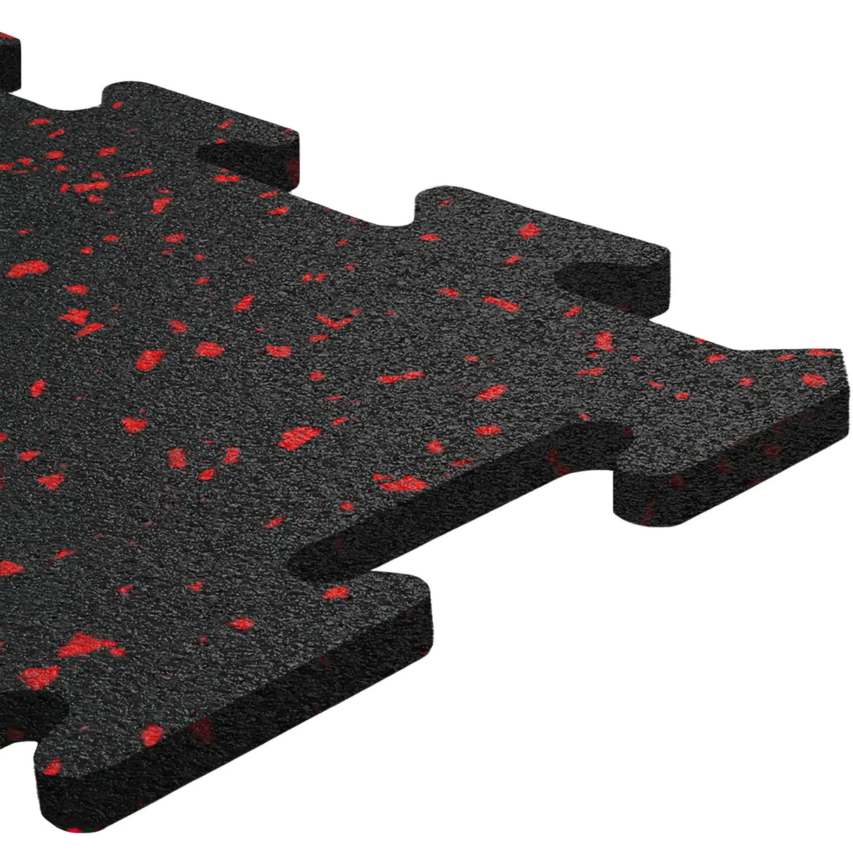 Close-up of ECORE Athletic’s ECORE Rubber Floor Tiles - 8mm Interlocking in black with red speckles, highlighting the textured surface and puzzle-piece edges for seamless connection with other tiles.