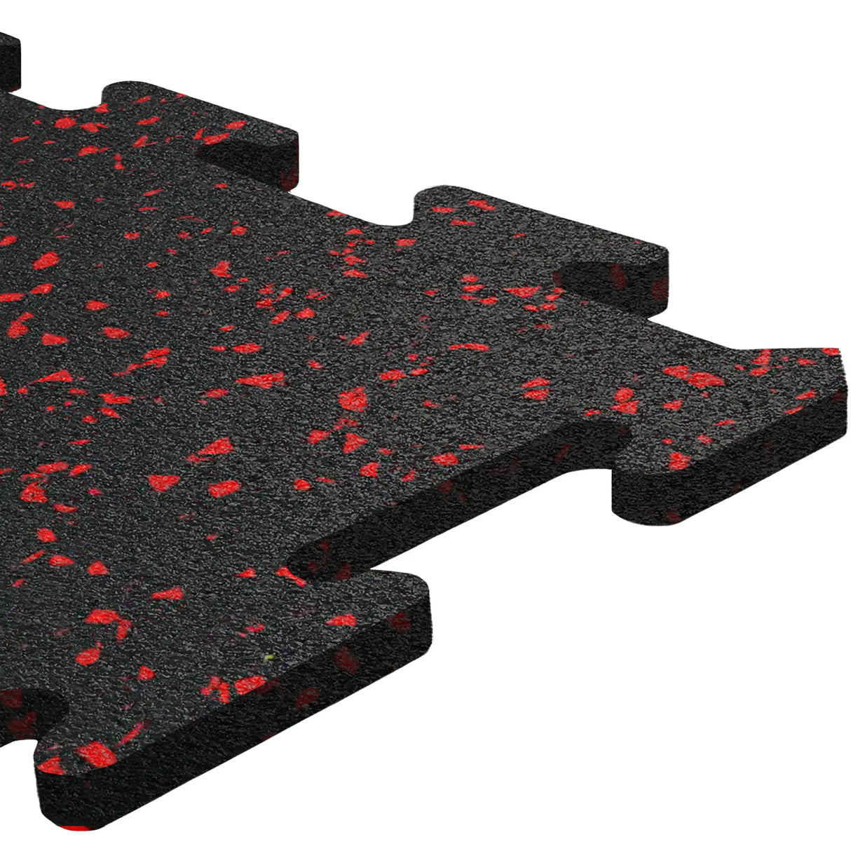 A close-up of an ECORE Athletic 8mm Interlocking Rubber Floor Tile, black with red speckles, highlights its textured surface and puzzle-like edges against a white background.